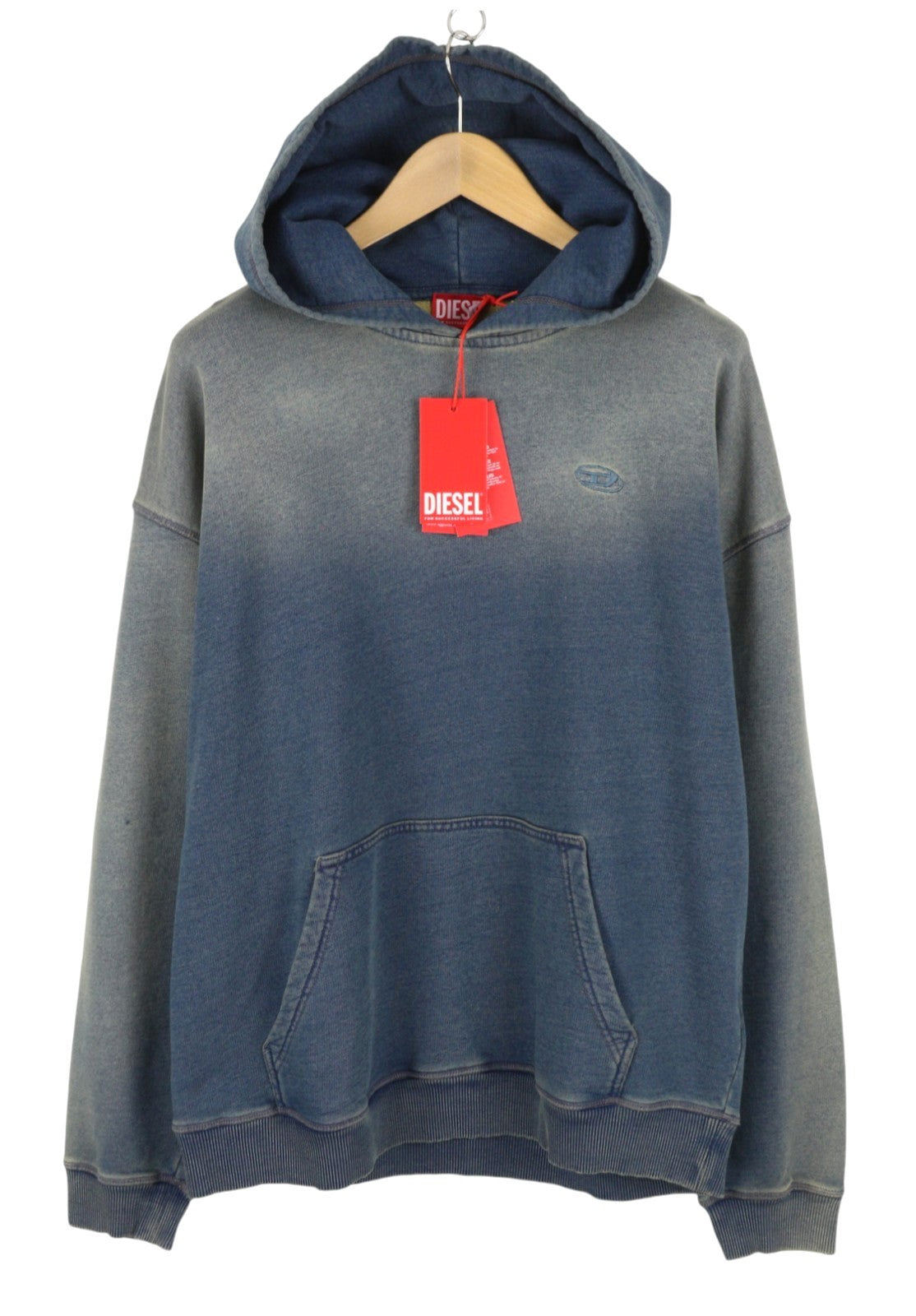 DIESEL S-Boxt-Hood-R6 Men Hoodie L Blue Washed Kangaroo Pocket Pull On RRP250