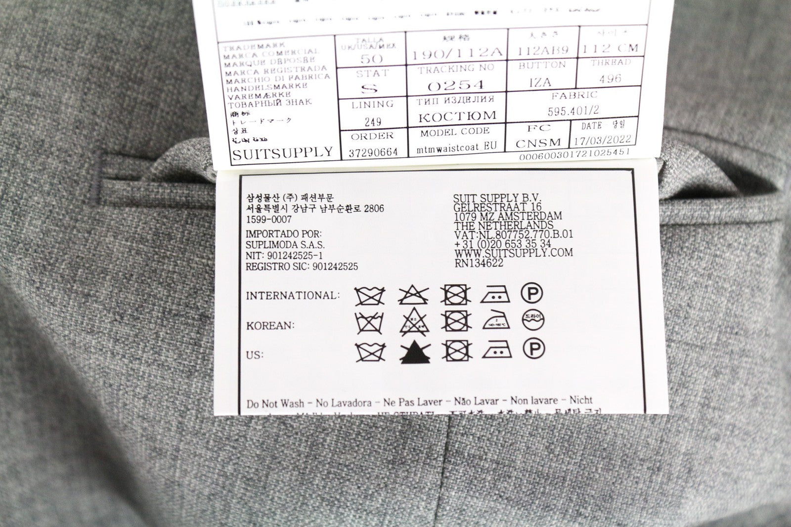 SUITSUPPLY La Spalla Men Suit UK50S Single-Breasted Pure Wool Grey 3 Piece