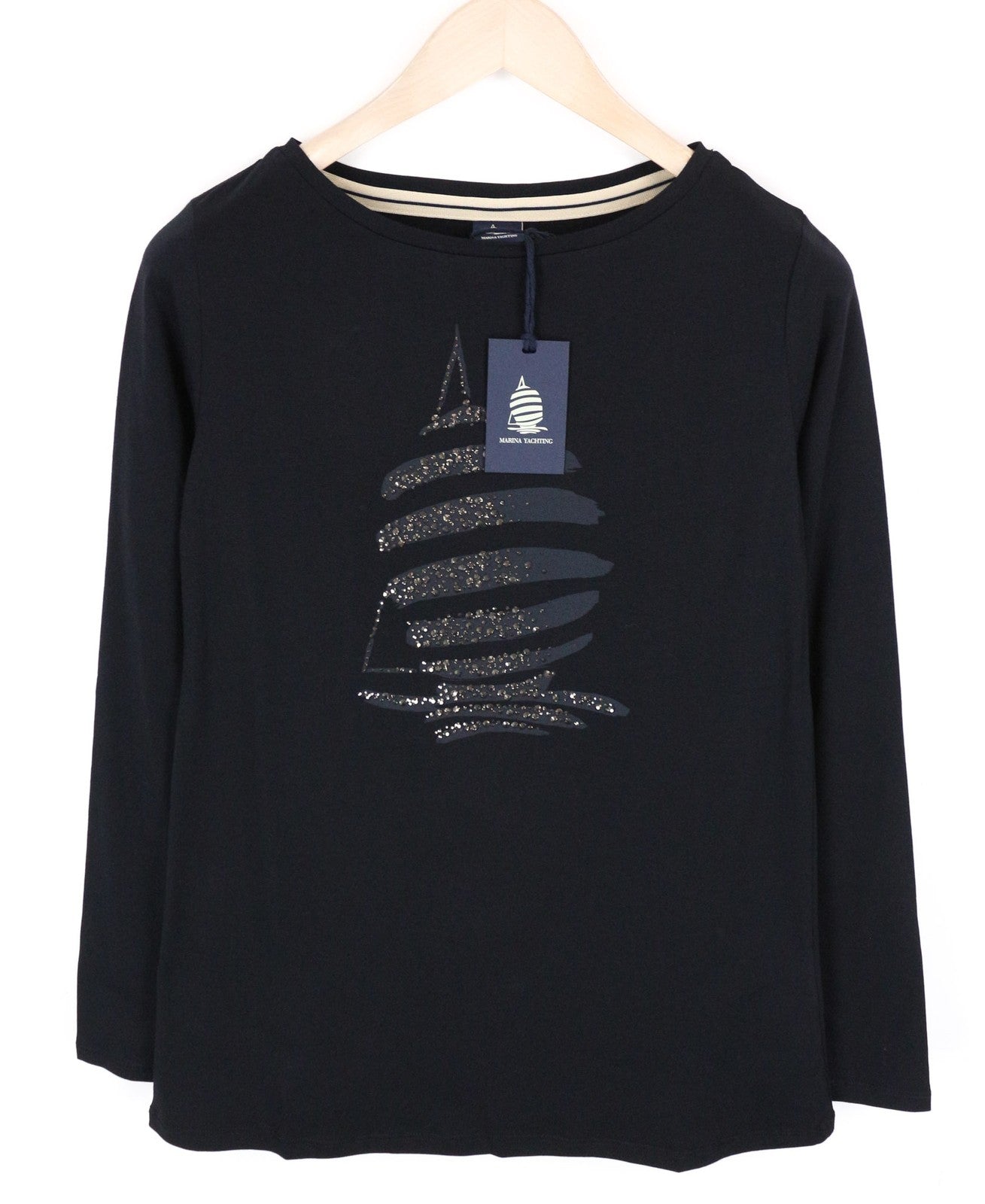 MARINA YACHTING Women T-Shirt S Black Crew Neck Logo Pullover Cotton