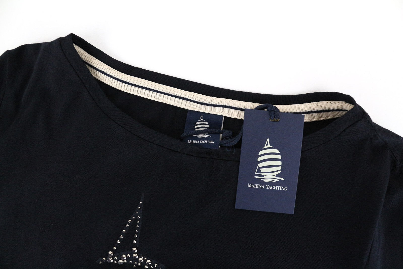MARINA YACHTING Women T-Shirt S Black Crew Neck Logo Pullover Cotton