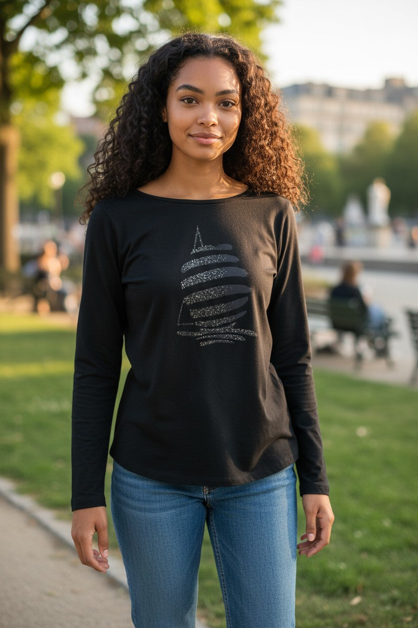 MARINA YACHTING Women T-Shirt S Black Pullover Crew Neck Rhinestones