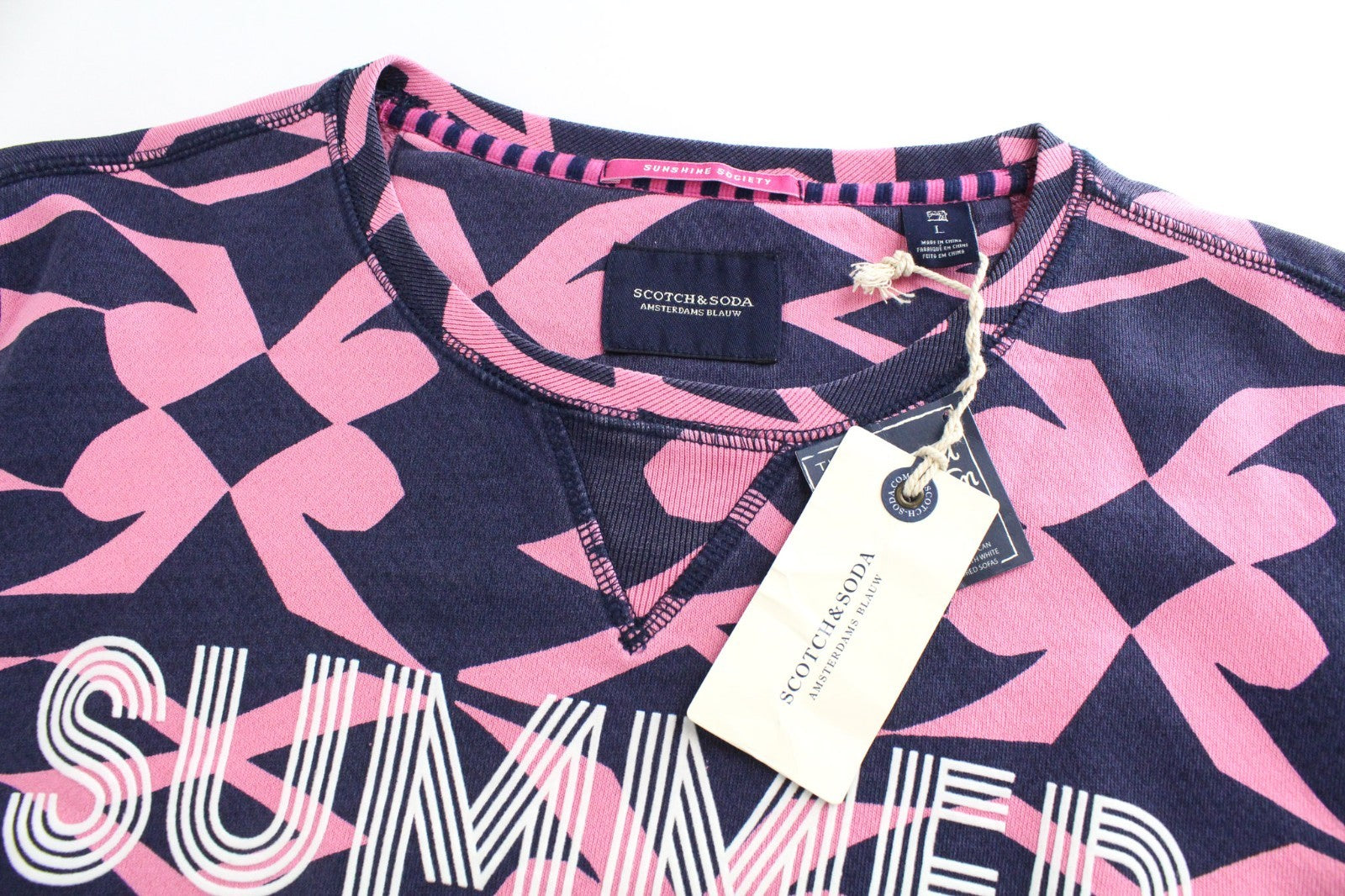 SCOTCH & SODA Men Sweatshirt L Pink Graphic Cotton Jersey Crew Neck Fleece