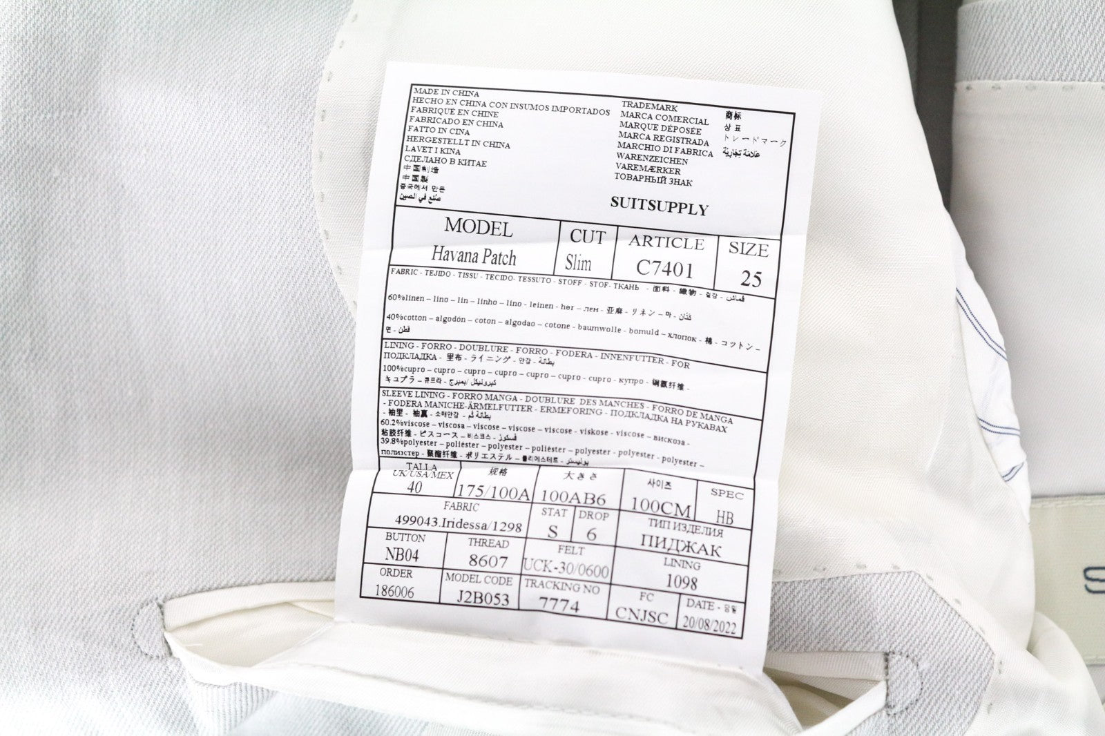 SUITSUPPLY Havana Patch Men Suit UK40S Grey 2-Piece Melange Slim Linen Cotton