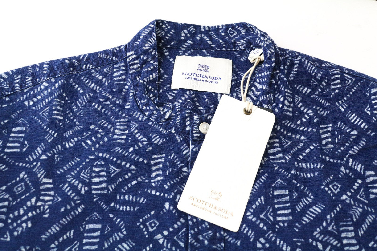 SCOTCH & SODA Men Shirt S Denim Blue Graphic Print Abstract Henley Cotton Linen