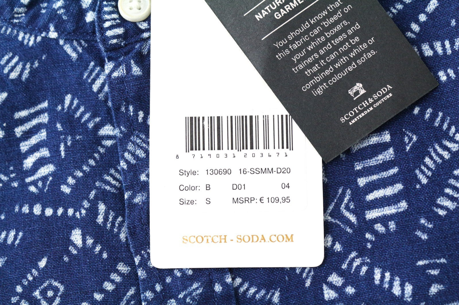 SCOTCH & SODA Men Shirt S Denim Blue Graphic Print Abstract Henley Cotton Linen