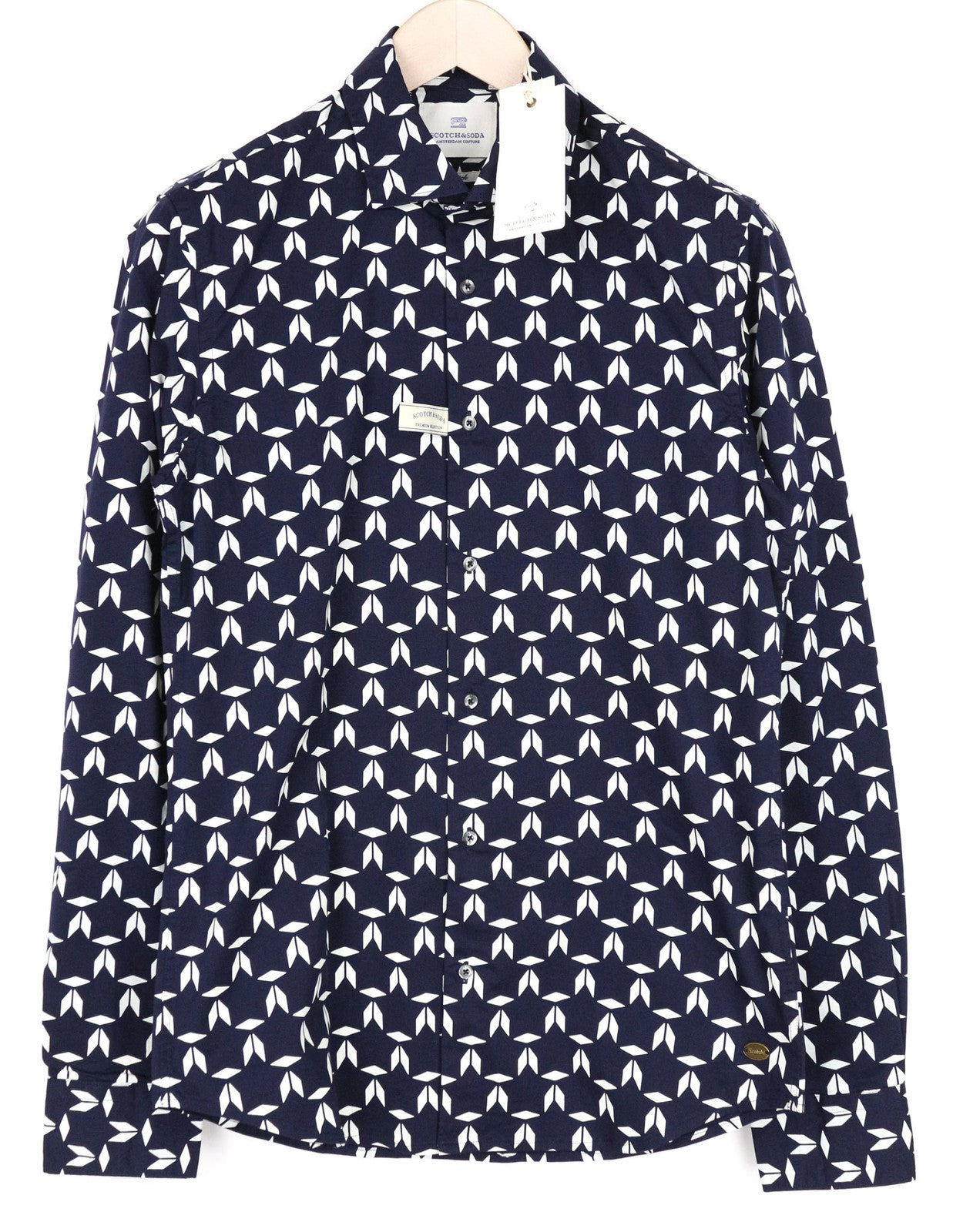 SCOTCH & SODA Men Shirt M Marine Blue Geometric Print Cotton Blend Stretch Slim