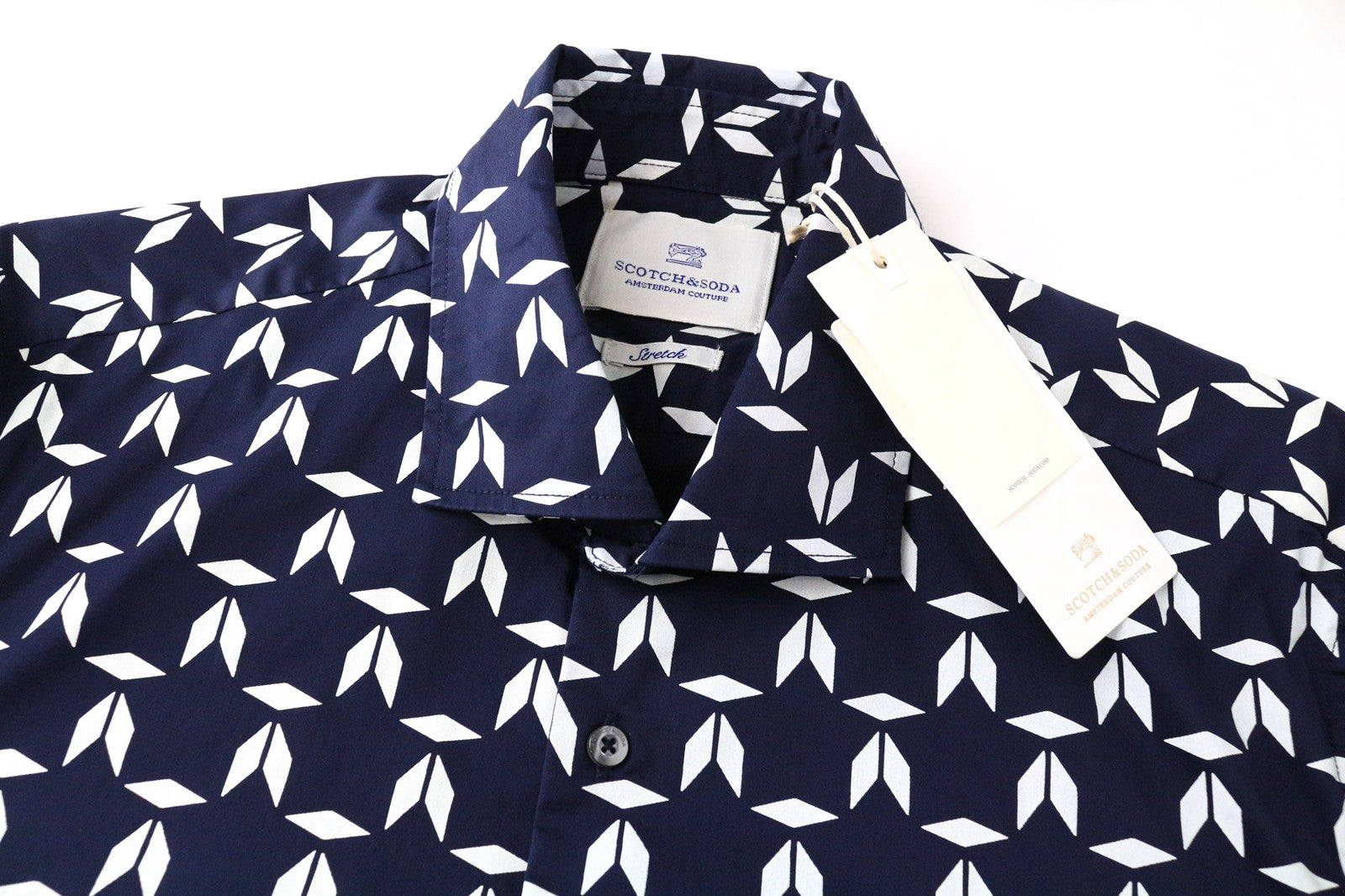 SCOTCH & SODA Men Shirt M Marine Blue Geometric Print Cotton Blend Stretch Slim