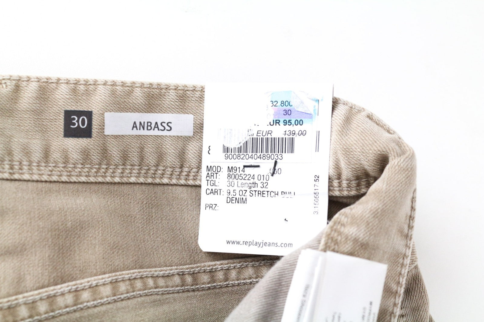 REPLAY Anbass Men Jeans W30/L32 Light Brown Slim Stretch Bull Denim Zip-Fly