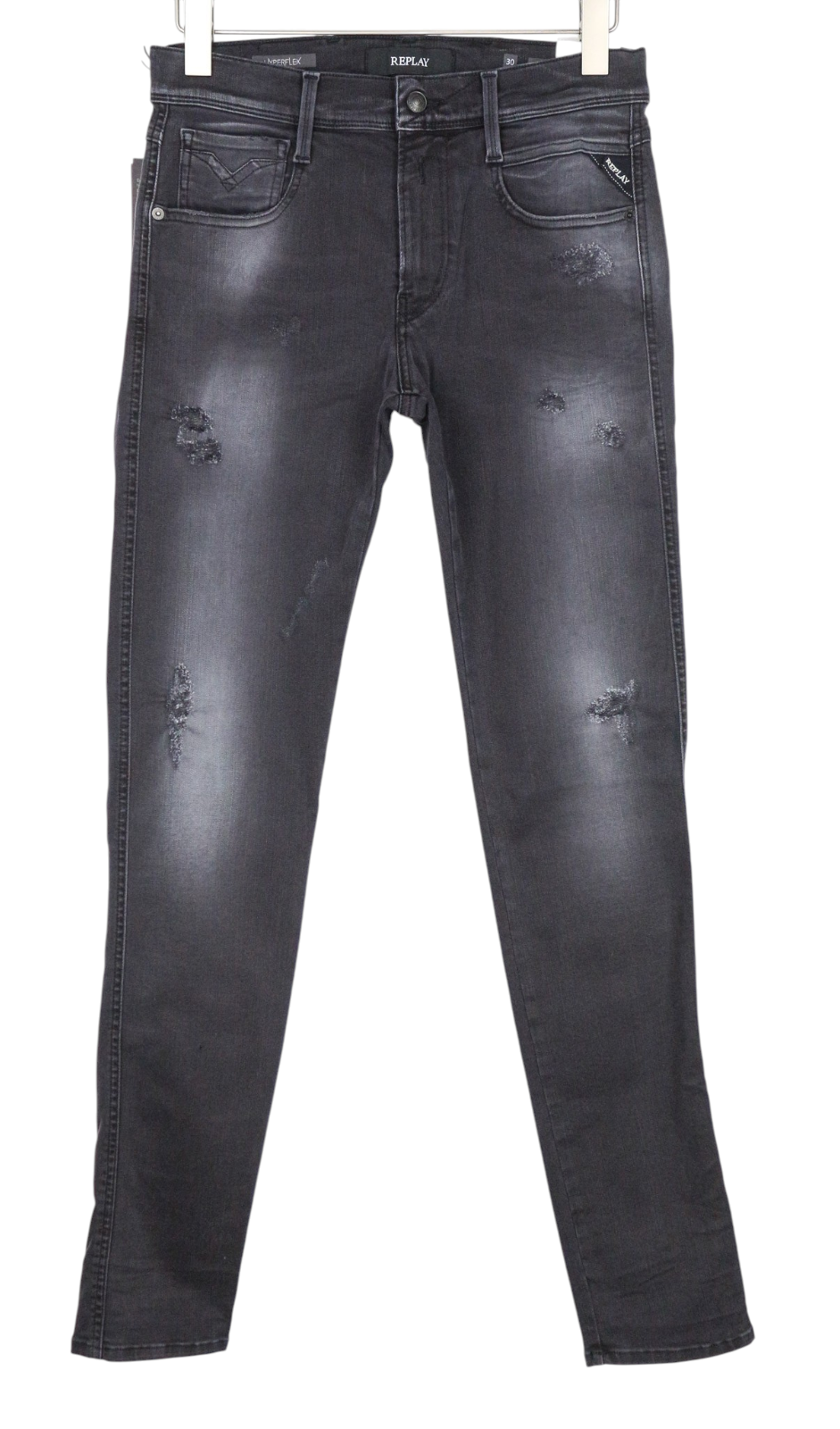 REPLAY Anbass Men Jeans W30/L34 Dark Grey Slim Fit Distressed Stretch Zip-Fly