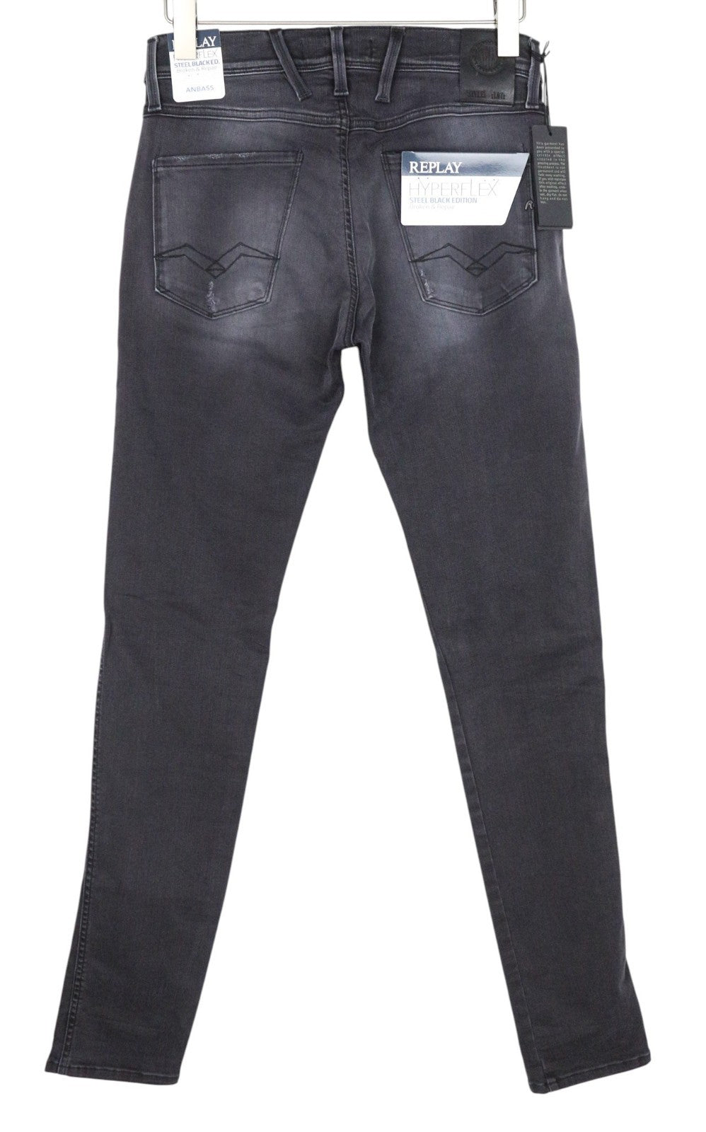REPLAY Anbass Men Jeans W30/L34 Dark Grey Slim Fit Distressed Stretch Zip-Fly