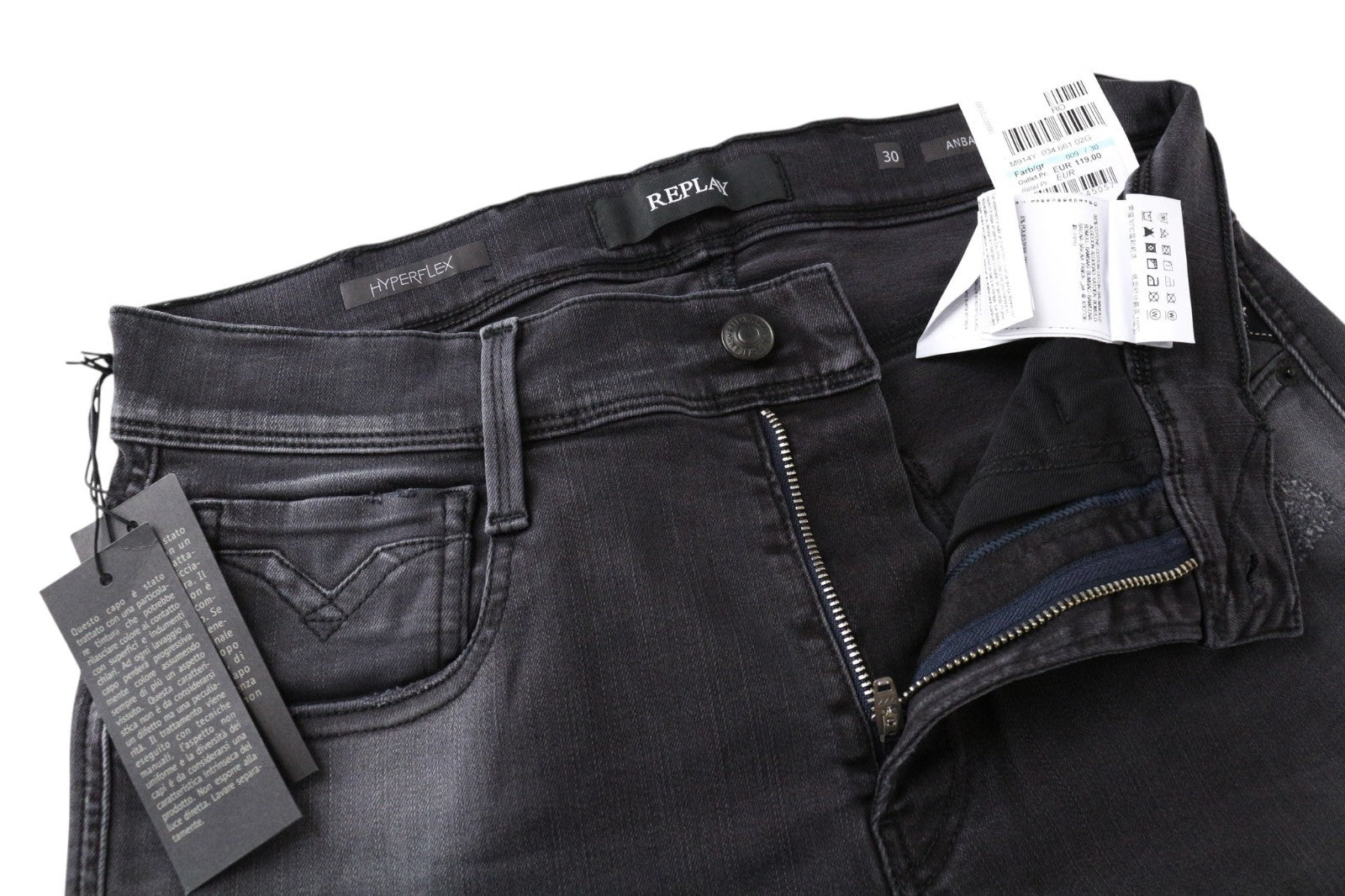 REPLAY Anbass Men Jeans W30/L34 Dark Grey Slim Fit Distressed Stretch Zip-Fly