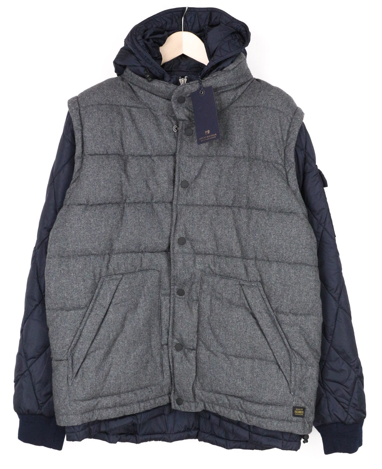SCOTCH & SODA Men Jacket XL Dark Grey Melange Hooded Quilted Wool Blend Zip Up