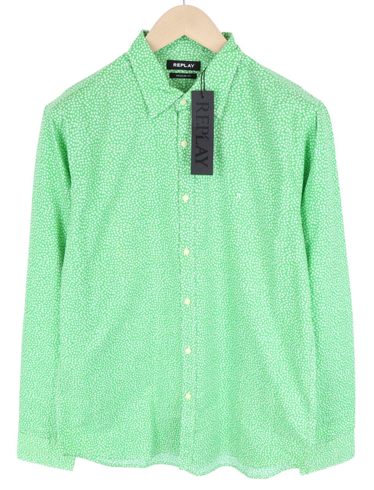 REPLAY Men Shirt L Green Pure Cotton Patterned Button-Up Long Slevee