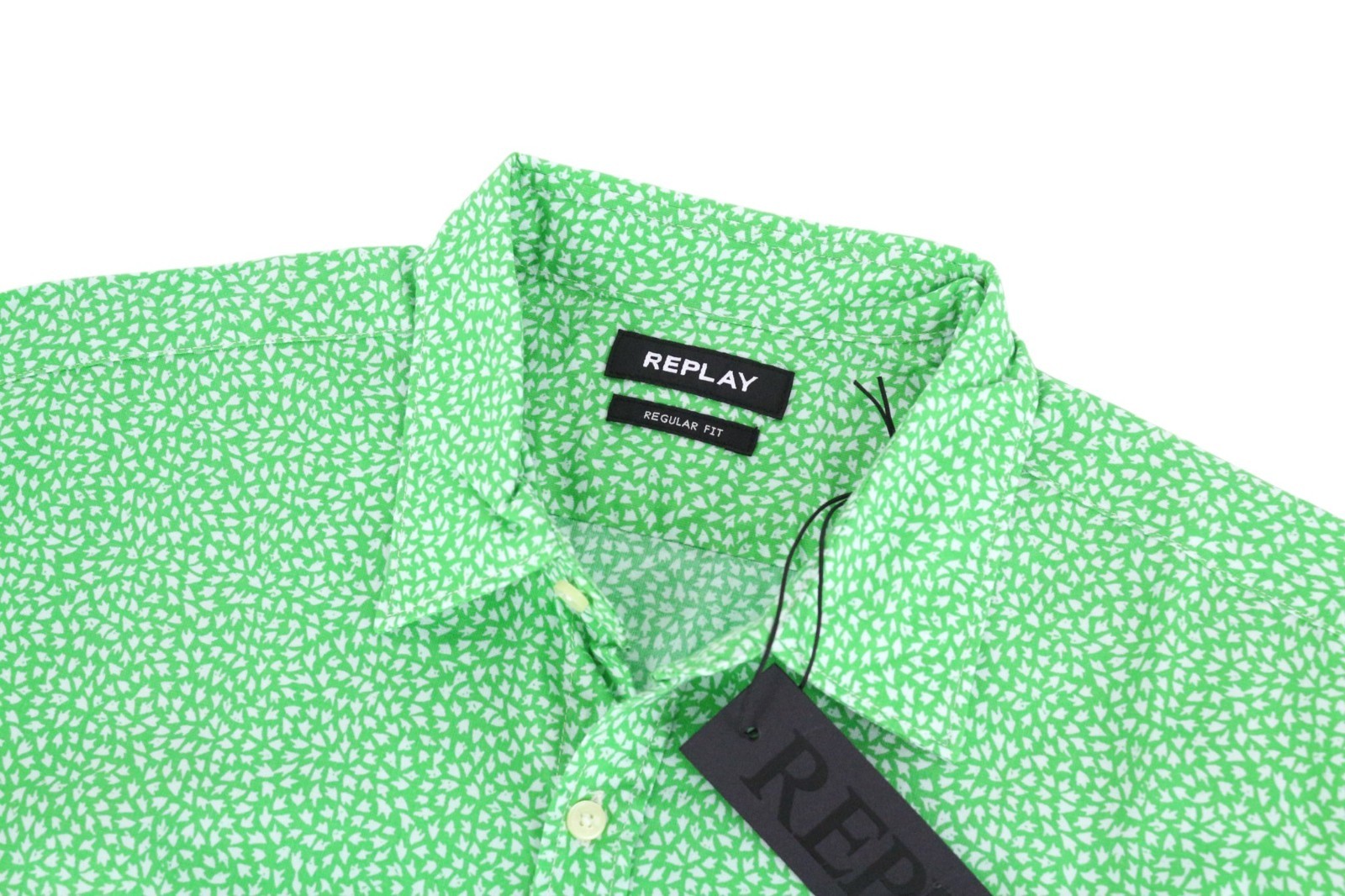 REPLAY Men Shirt L Green Pure Cotton Patterned Button-Up Long Slevee