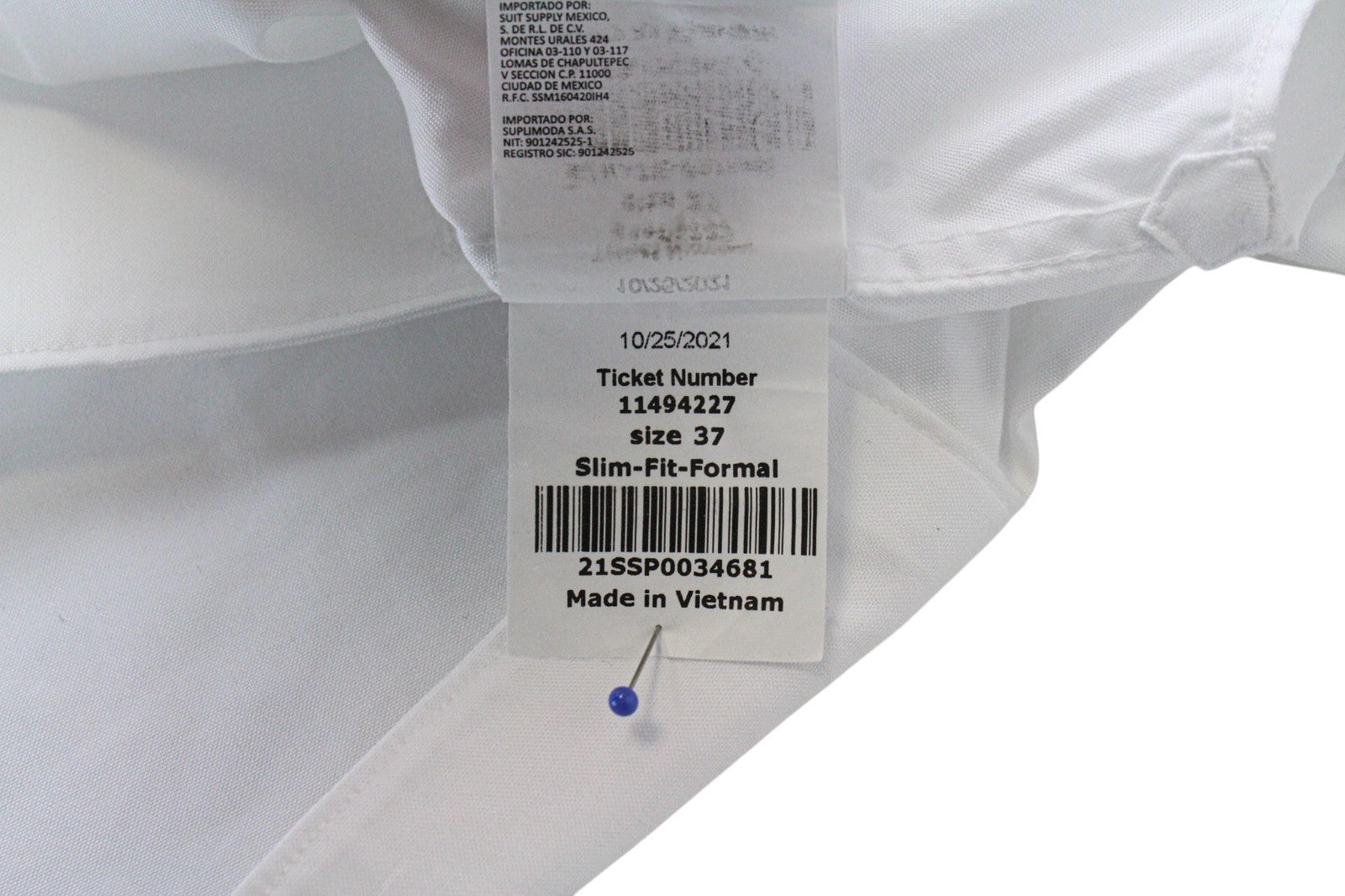 SUITSUPPLY Men Shirt 37 Slim Pure Cotton White Cutaway Button-Up Formal