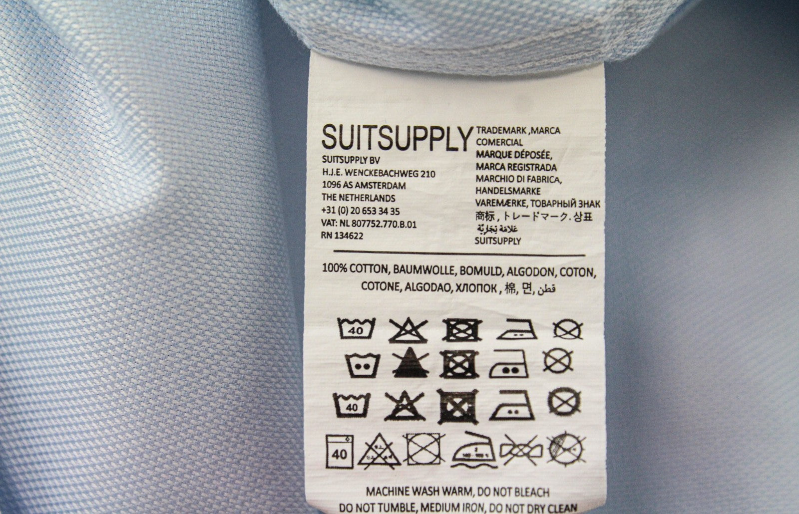 SUITSUPPLY Men Shirt 46/18 Slim Blue Pure Cotton Long Sleeve Button-Up