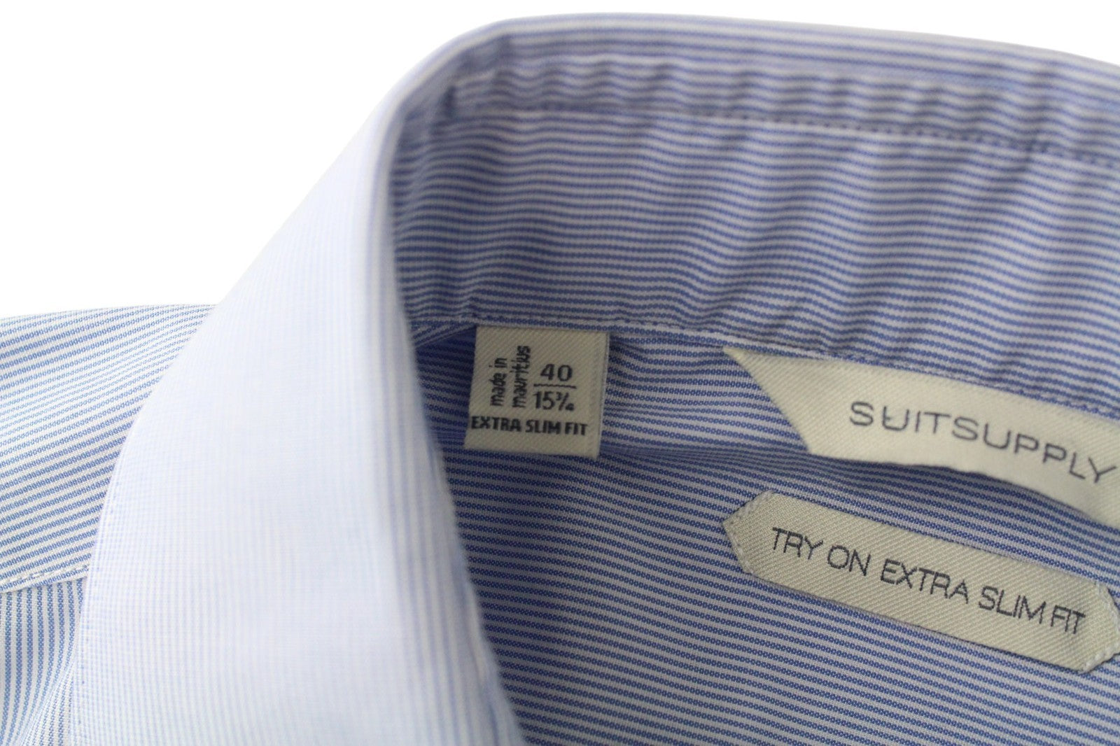 SUITSUPPLY Men Shirt 40/15 3/4 Extra Slim Blue Pure Cotton Striped Long Sleeve