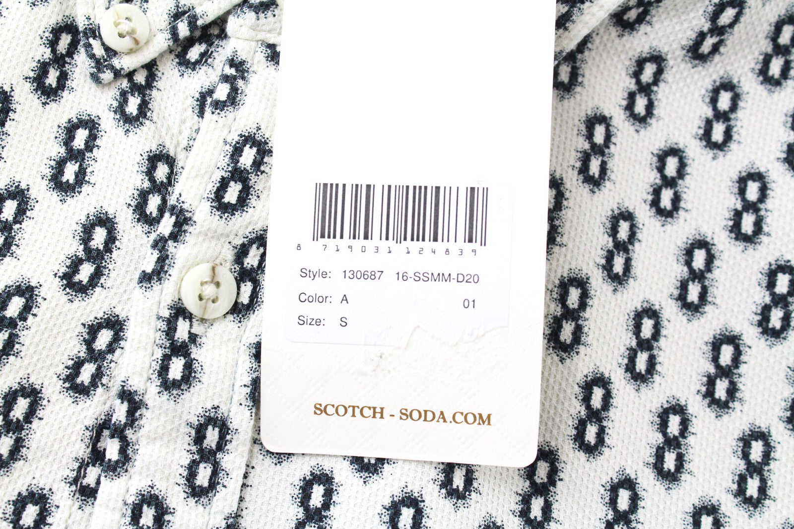 SCOTCH & SODA Ams Couture Men Shirt S White Pure Cotton Patterned Long Sleeve