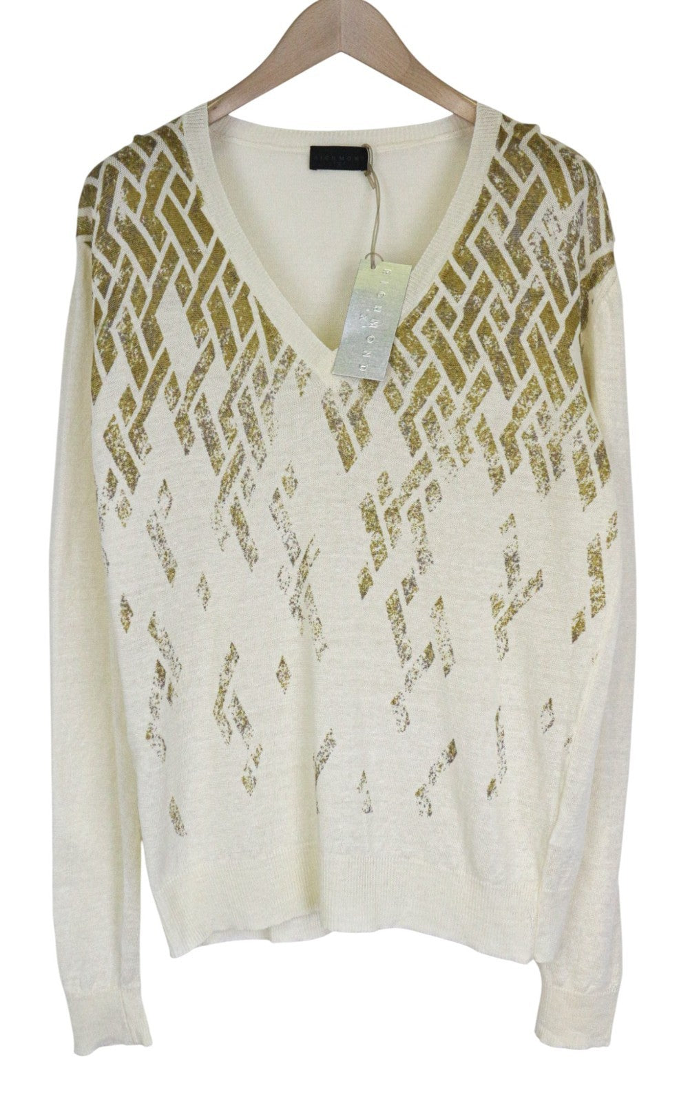 RICHMOND Men's Jumper IT50 Cream Linen V-Neck Knit Geometric Pattern Sweater