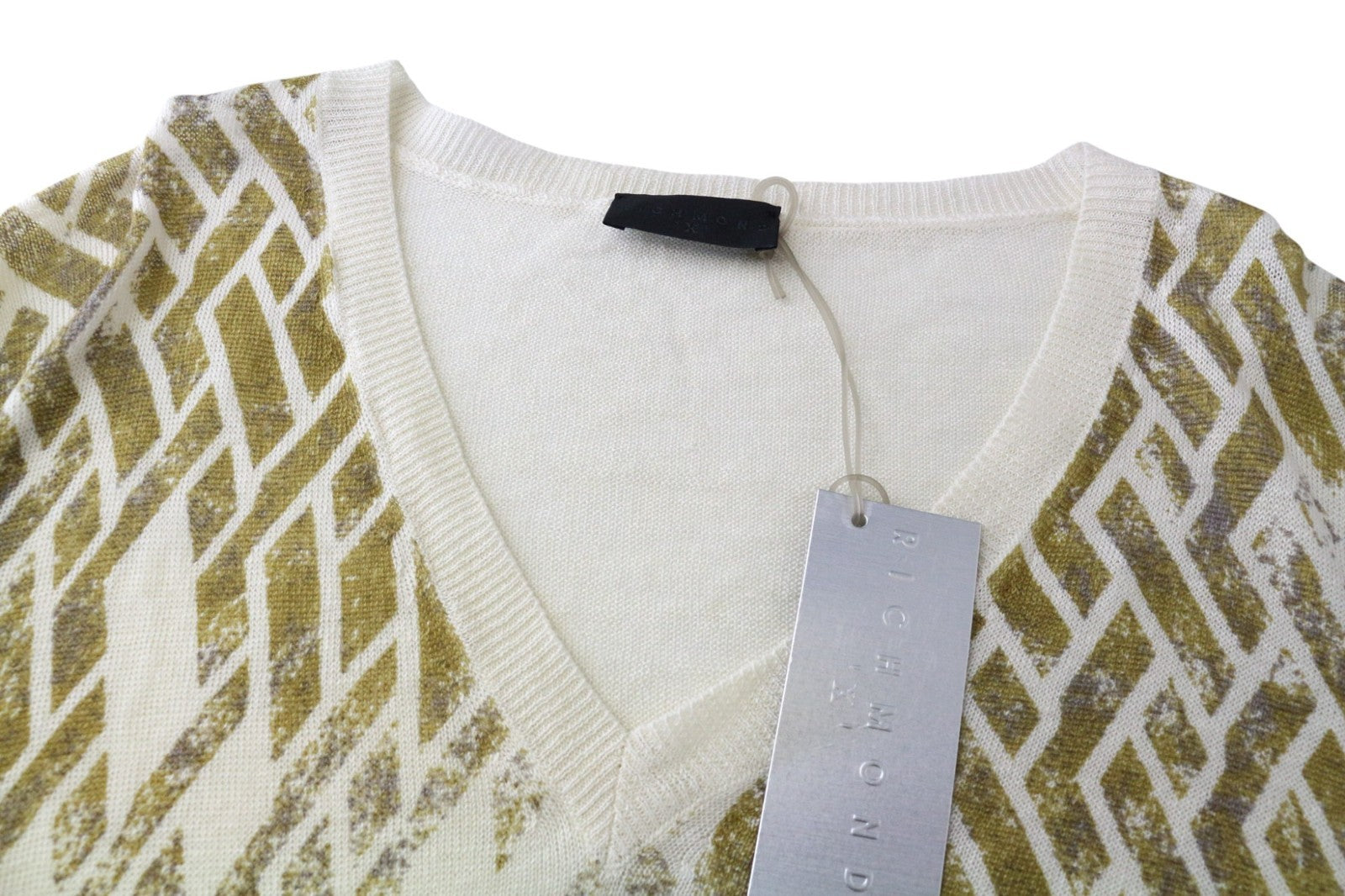 RICHMOND Men's Jumper IT50 Cream Linen V-Neck Knit Geometric Pattern Sweater
