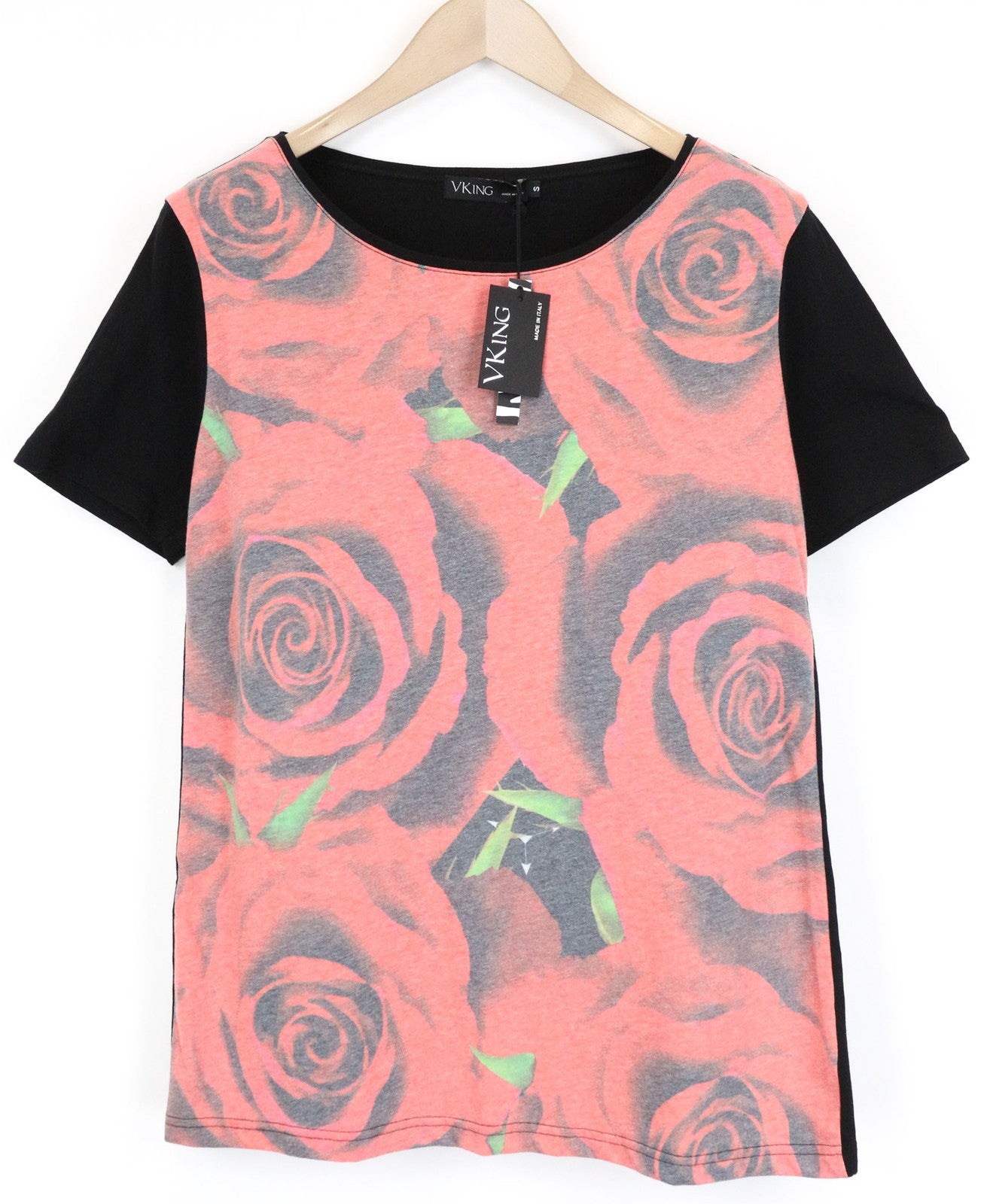 VKING Men's T-Shirt S Red Cotton Blend Roses Print Short Sleeve Casual Tee