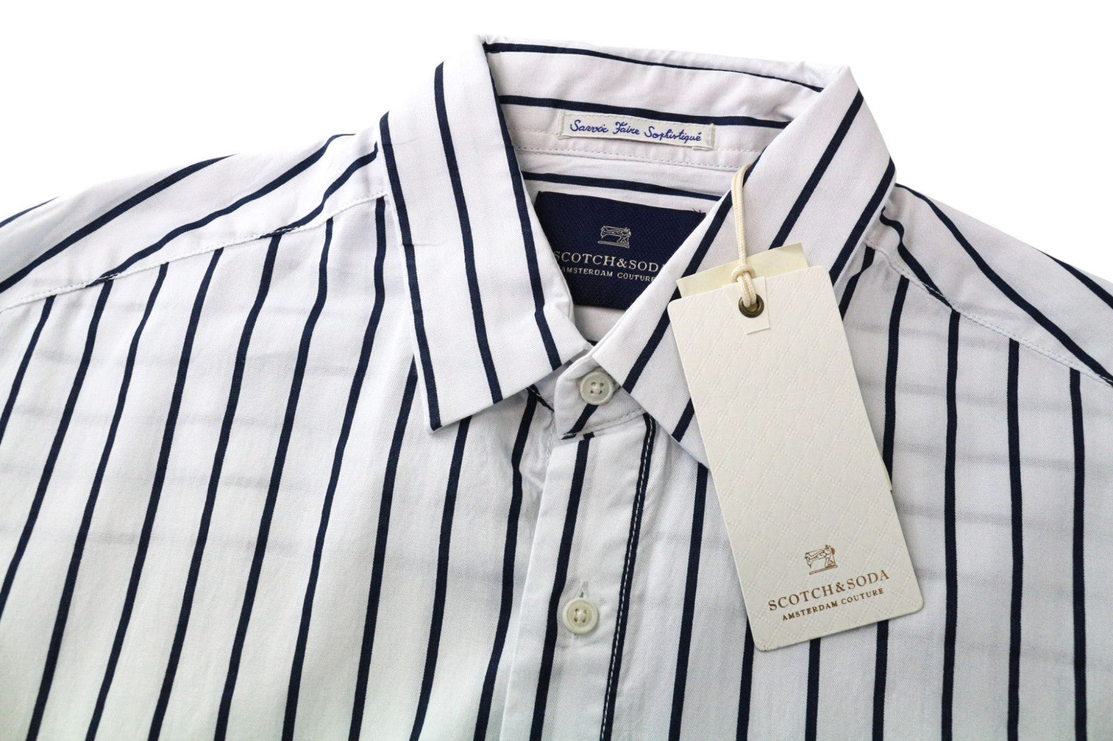 SCOTCH & SODA Ams Couture Men's Shirt M Long White Cotton Blue Stripe Design