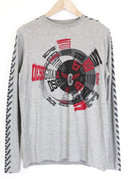 DESIGUAL Men's T-Shirt S Grey Melange Cotton Blend Graphic Pullover Long Sleeve