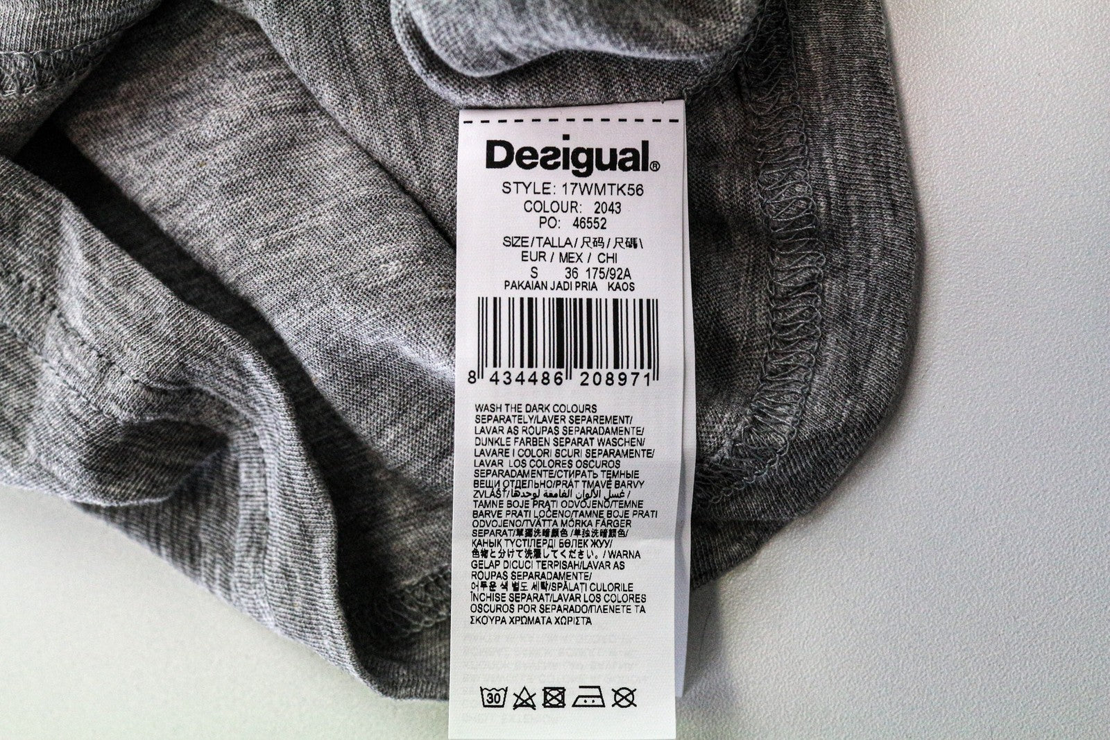 DESIGUAL Men's T-Shirt S Grey Melange Cotton Blend Graphic Pullover Long Sleeve