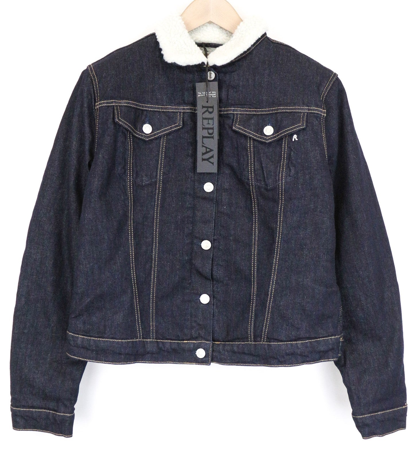 REPLAY Women's Jacket XL Blue Stretch Cotton Denim Collared Long Sleeve Lined