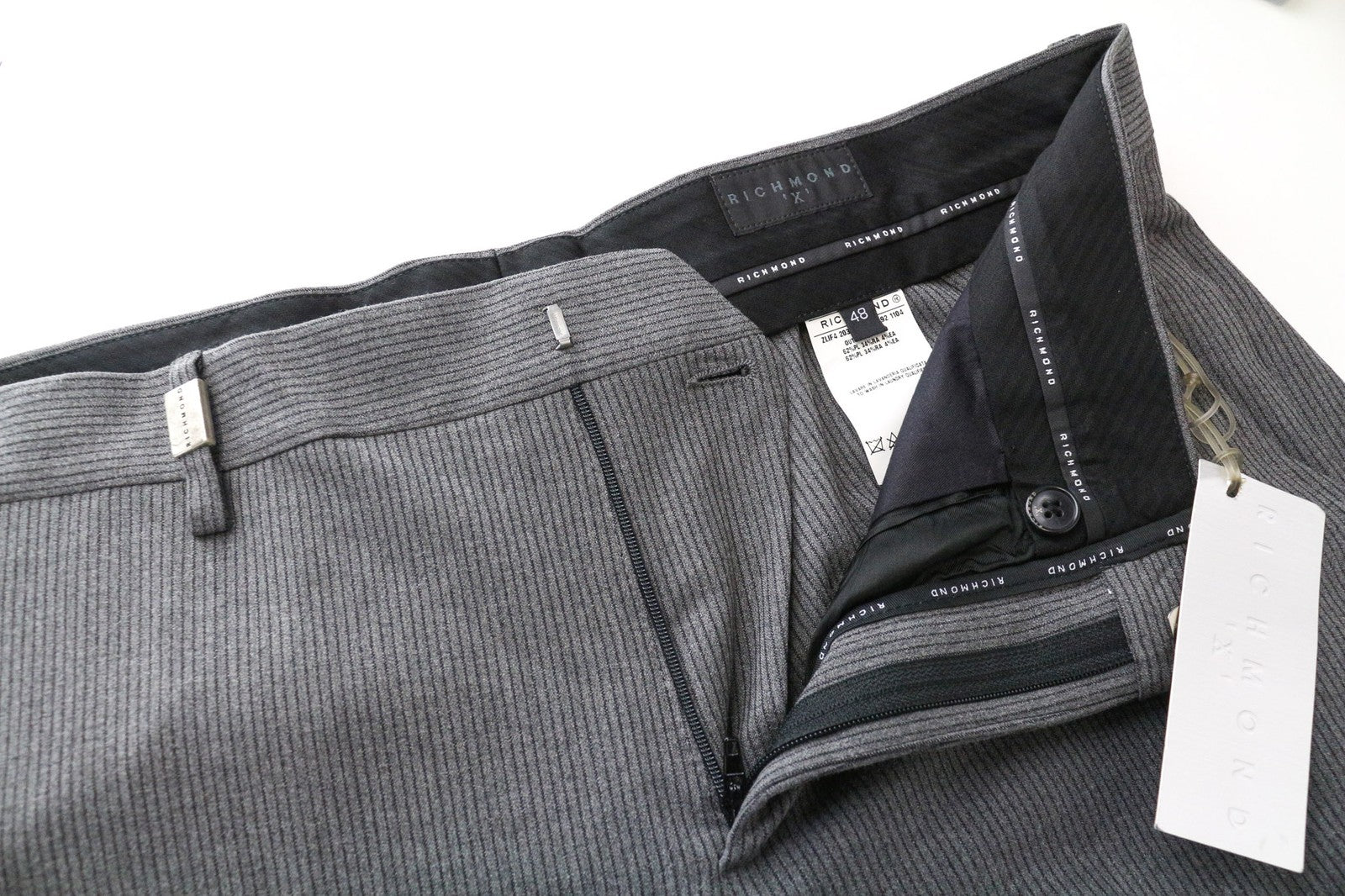 RICHMOND Men's Trousers 48 Grey Pleated Striped Stretch Fabric Classic Formal