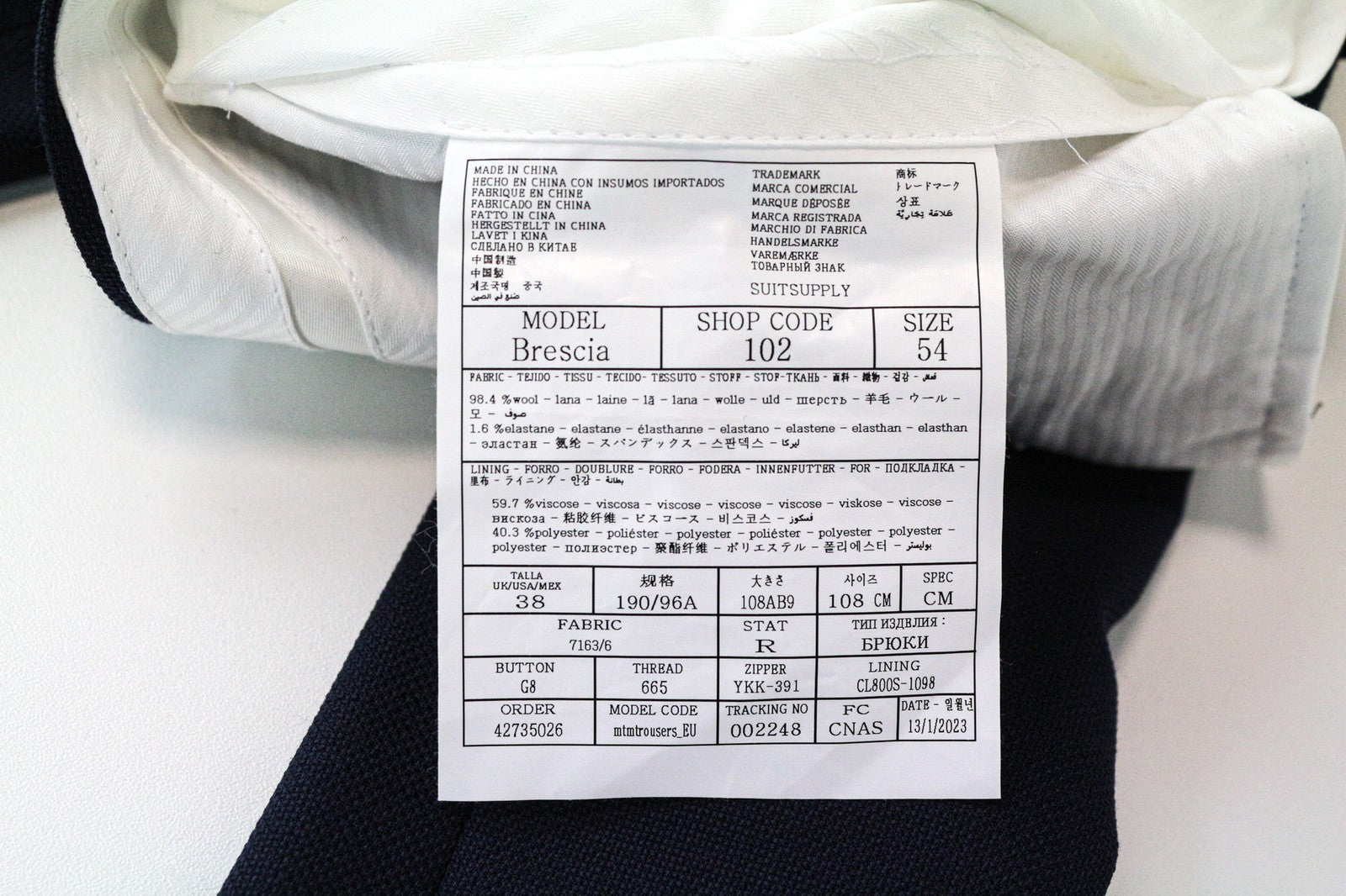 SUITSUPPLY Brescia Men's Trousers UK38R Navy Wool Stretch Classic Pleated Fit