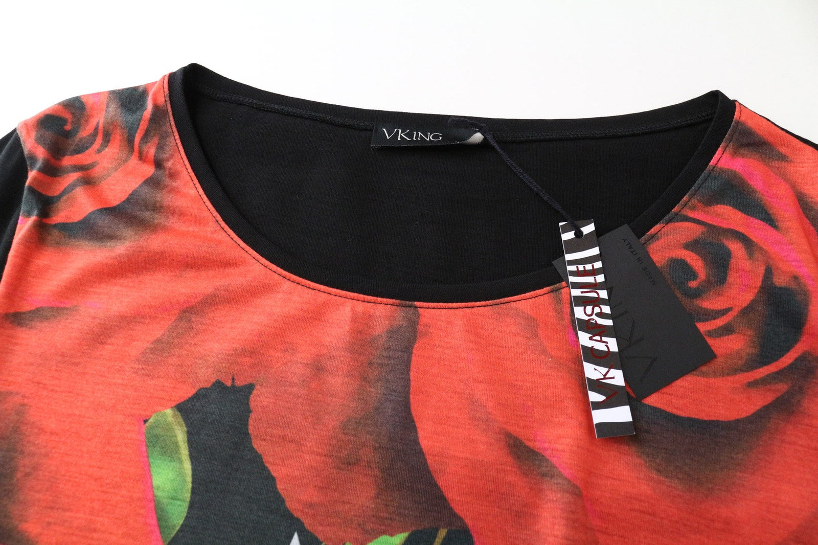 VKING Men's T-Shirt S Red Black Pure Cotton Roses Graphic Tee Short Sleeve