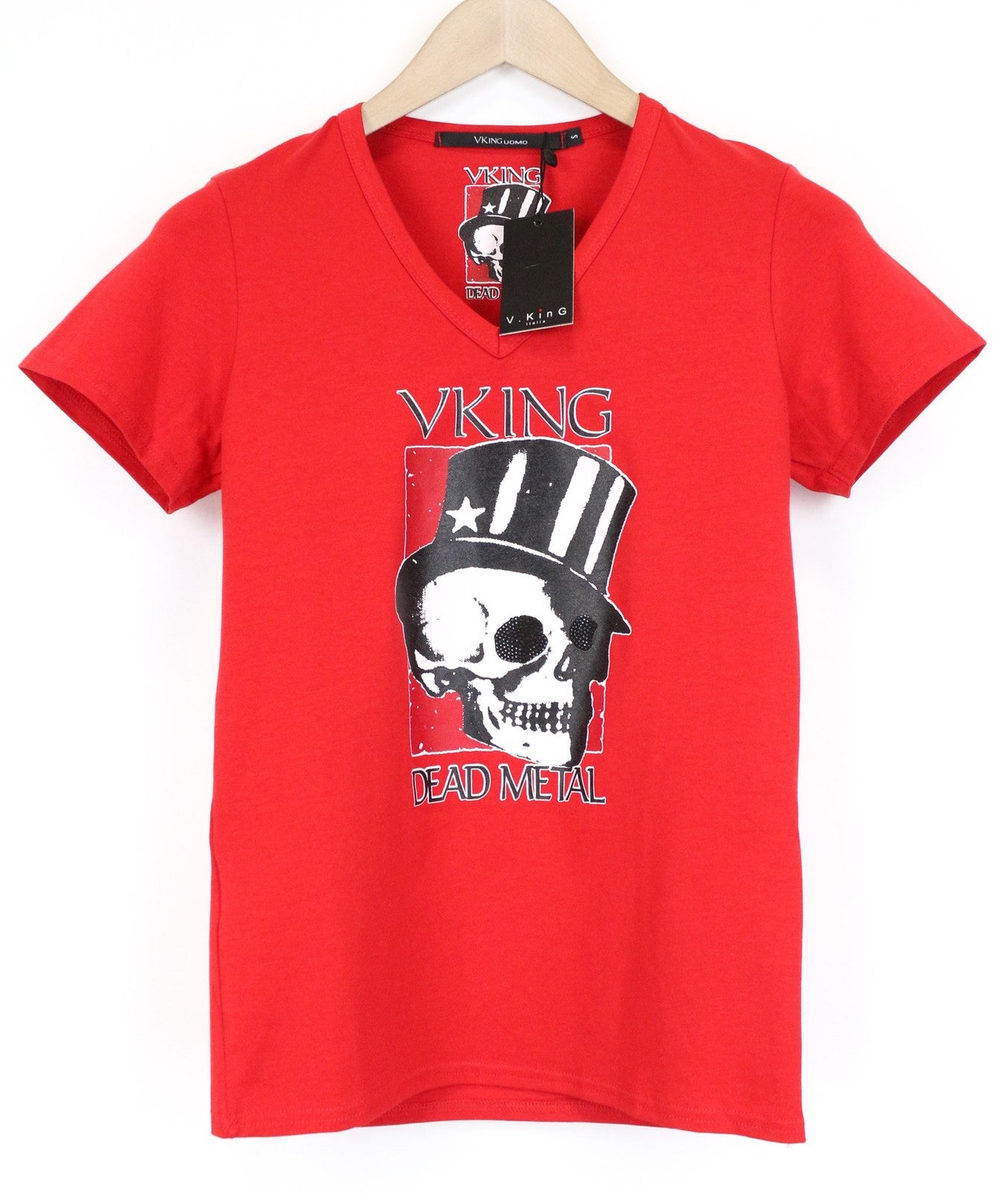 VKING Men's T-Shirt S Red Cotton Stretch Skull Graphic V-Neck Short Sleeve