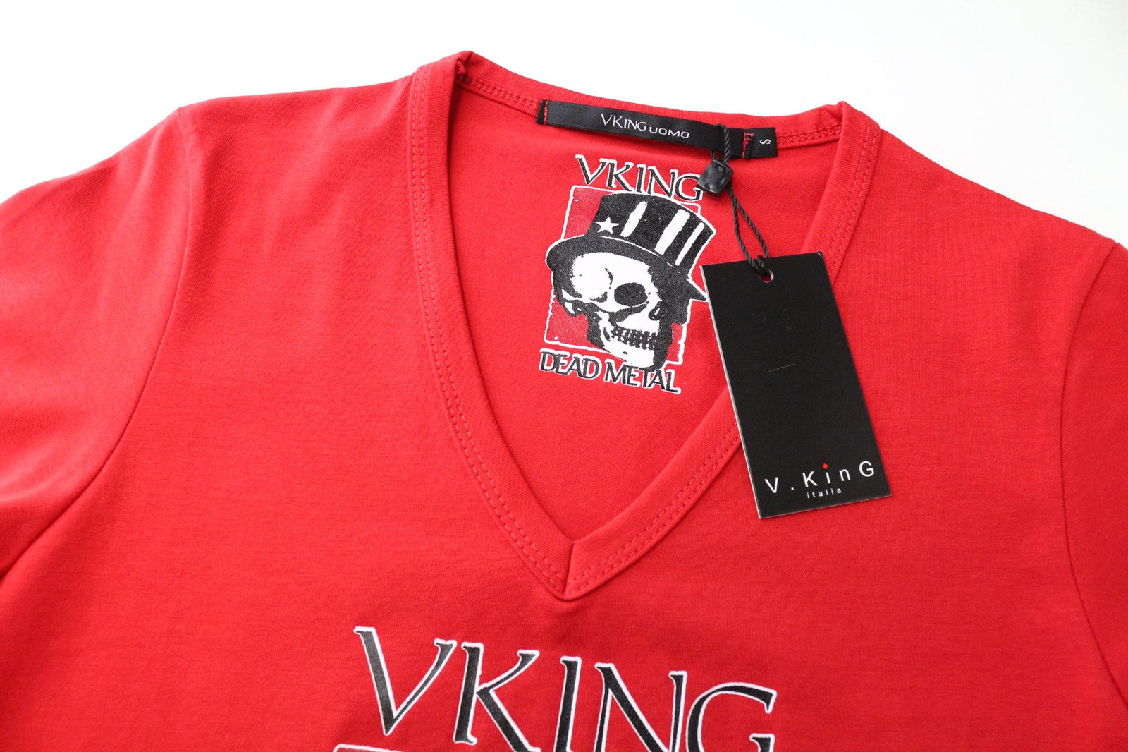 VKING Men's T-Shirt S Red Cotton Stretch Skull Graphic V-Neck Short Sleeve