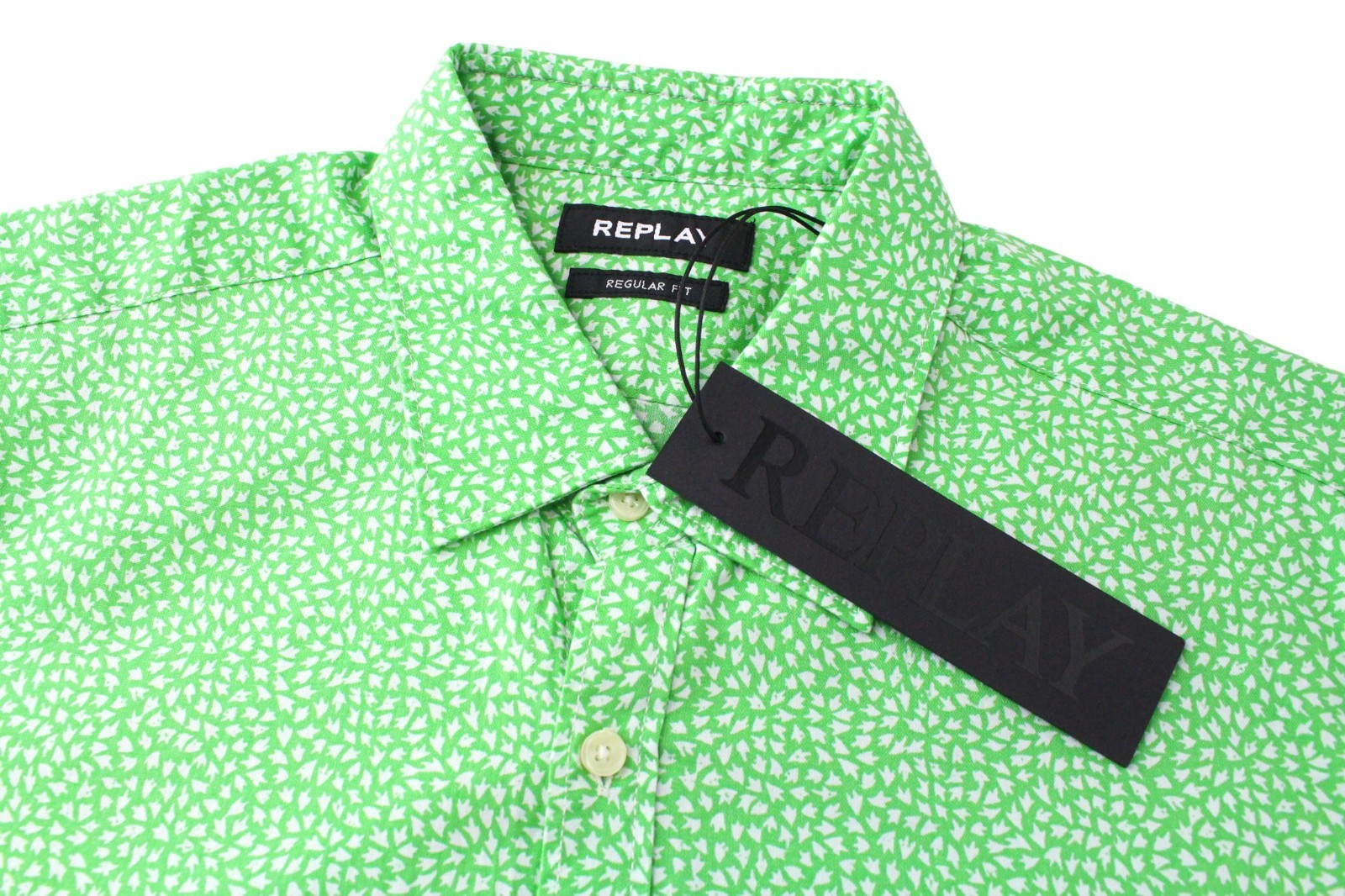 REPLAY Men Shirt M Green Patterned Long Sleeved Button-Up Regular Fit