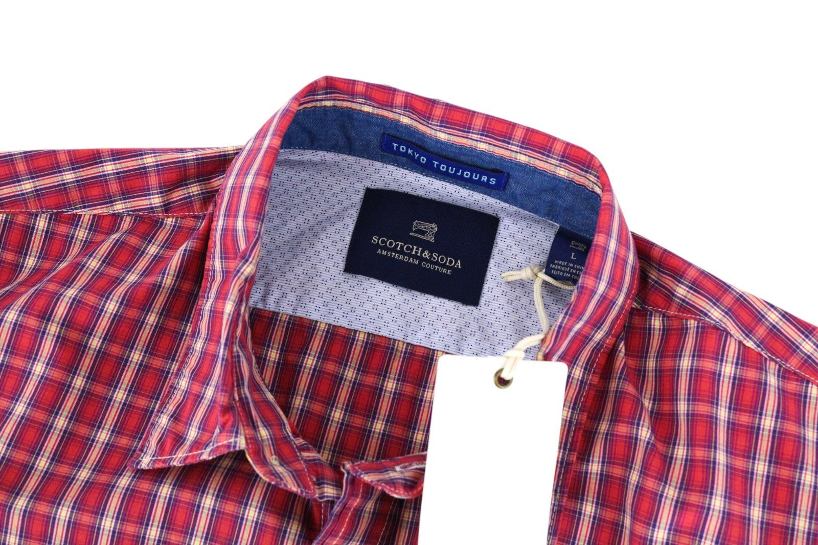 SCOTCH & SODA Men Shirt L Red Tartan Check Print Classic Melange Pure Cotton