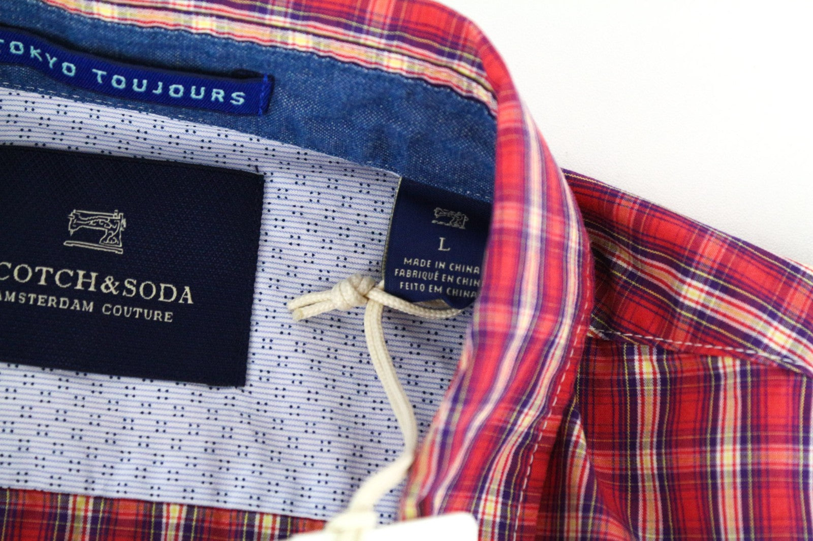 SCOTCH & SODA Men Shirt L Red Tartan Check Print Classic Melange Pure Cotton