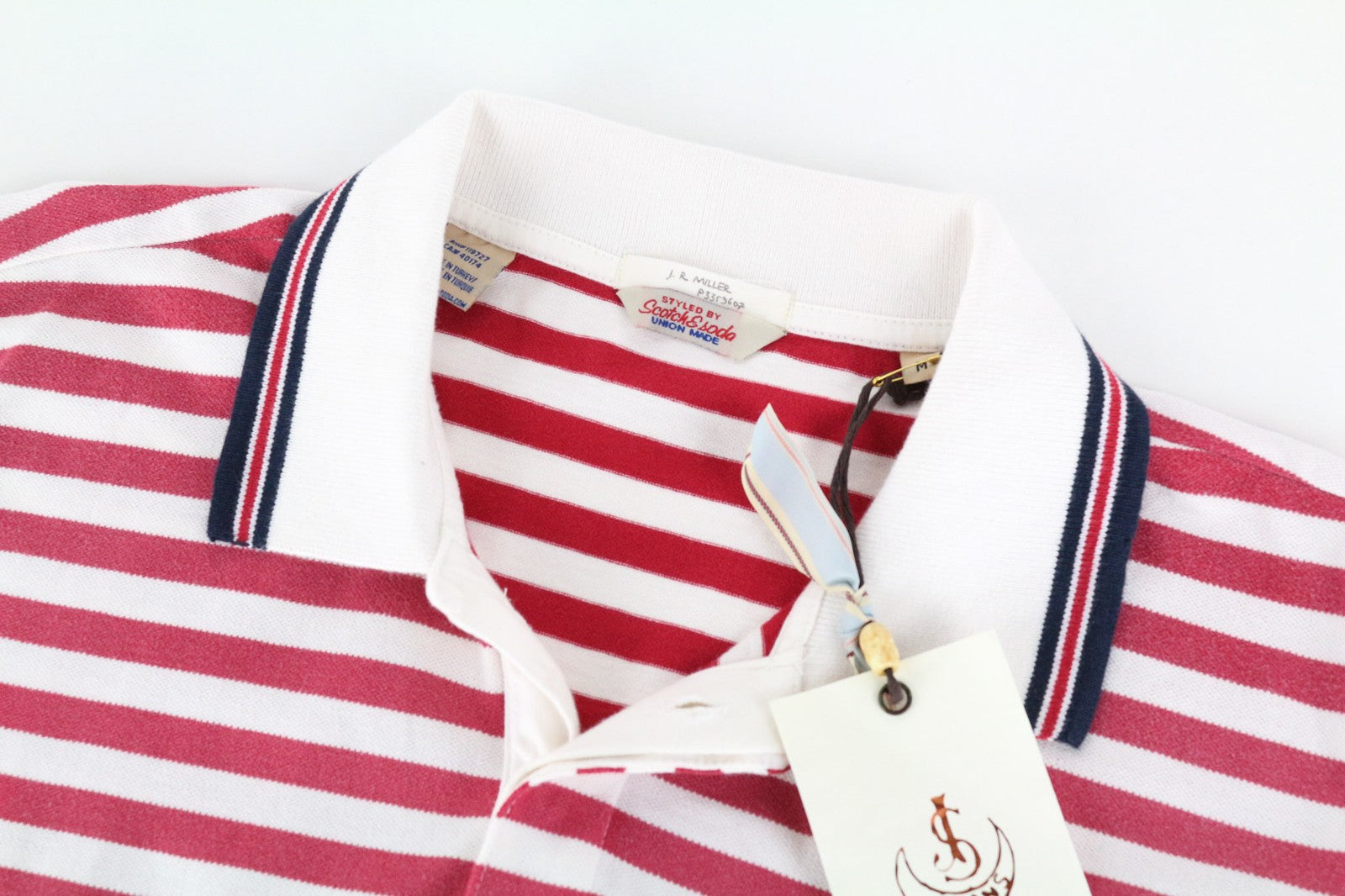 SCOTCH & SODA Men T-Shirt M Red Polo Collar Striped Patched Pure Cotton Jersey