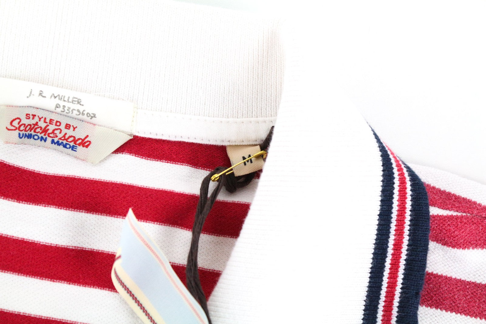 SCOTCH & SODA Men T-Shirt M Red Polo Collar Striped Patched Pure Cotton Jersey
