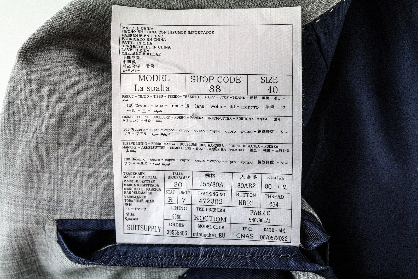 SUITSUPPLY La Spalla Men Suit UK30R Light Grey Slim 2-Piece Melange Wool S120s