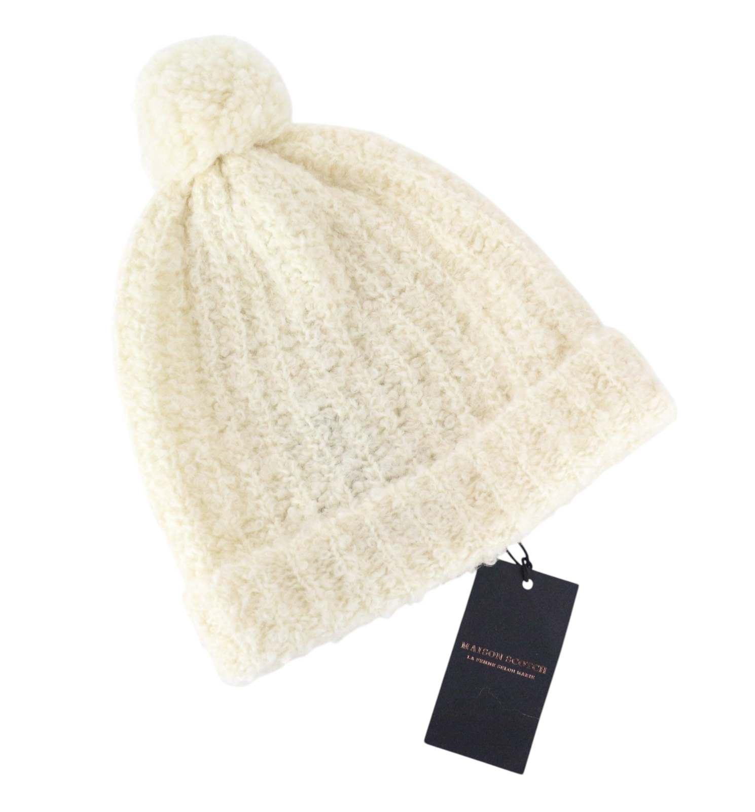MAISON SCOTCH Women Hat One Size Off-White Beanie Wool Alpaca Teddie Pom Pom