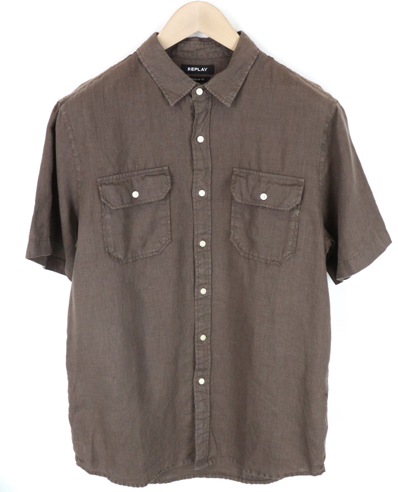 REPLAY Men Shirt L Brown Pure Linen Short Sleeved Button-Up Pocketed