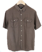 REPLAY Men Shirt L Brown Pure Linen Short Sleeved Button-Up Pocketed
