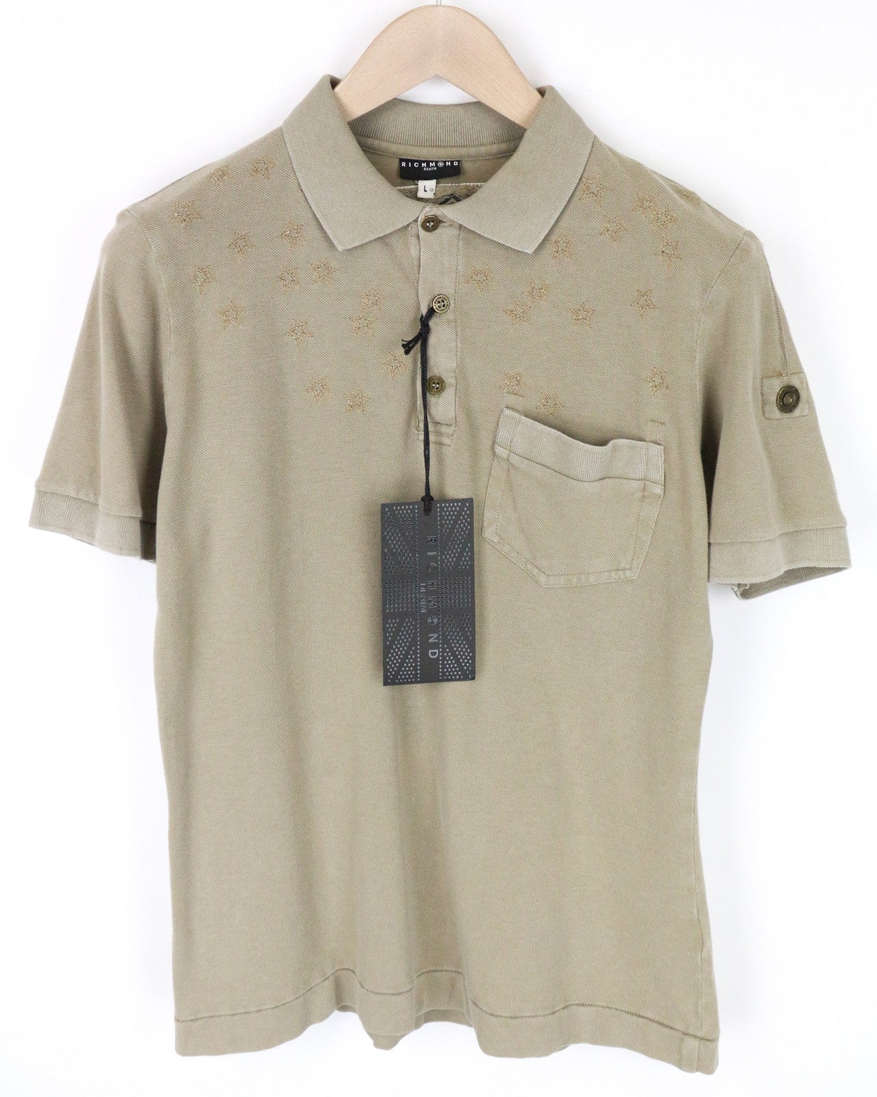 RICHMOND Men T-Shirt L Brown Green Khaki Short Sleeve Pure Cotton Polo