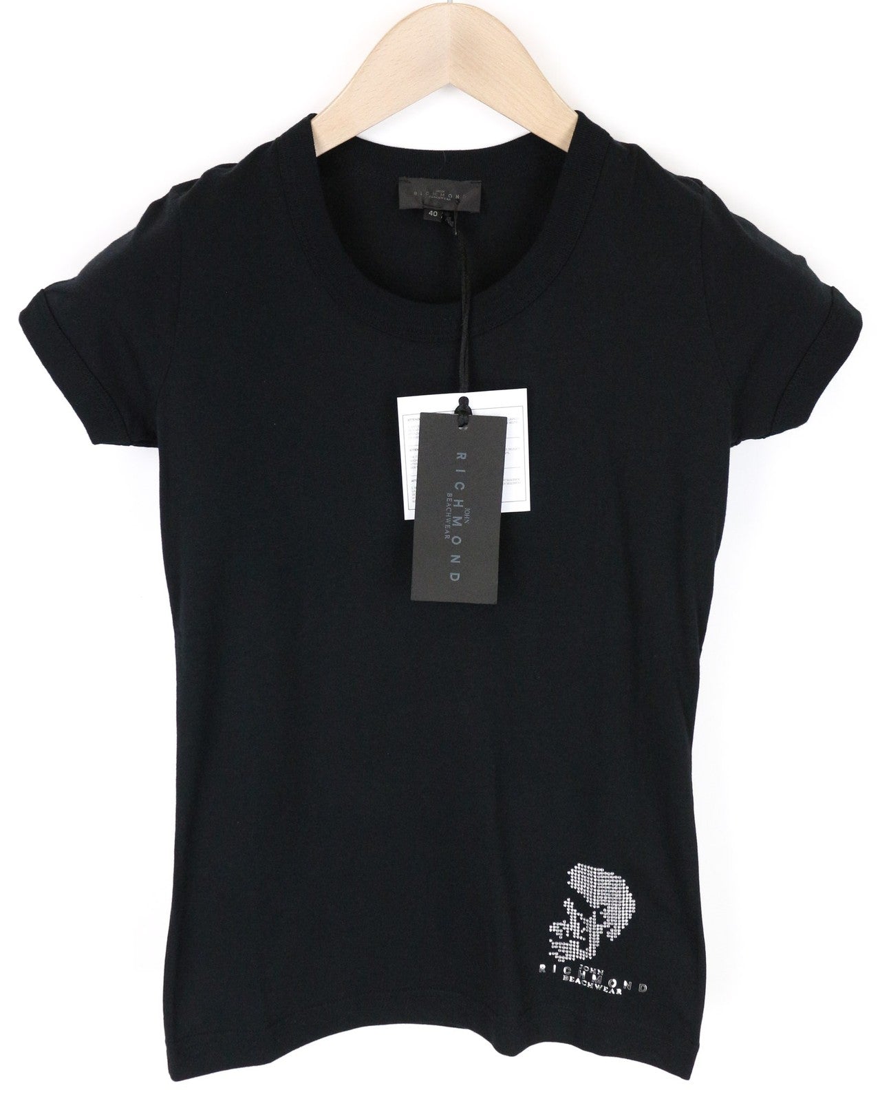 JOHN RICHMOND Women T-Shirt IT40 S Black Pure Cotton Short Sleeved Pull On Logo