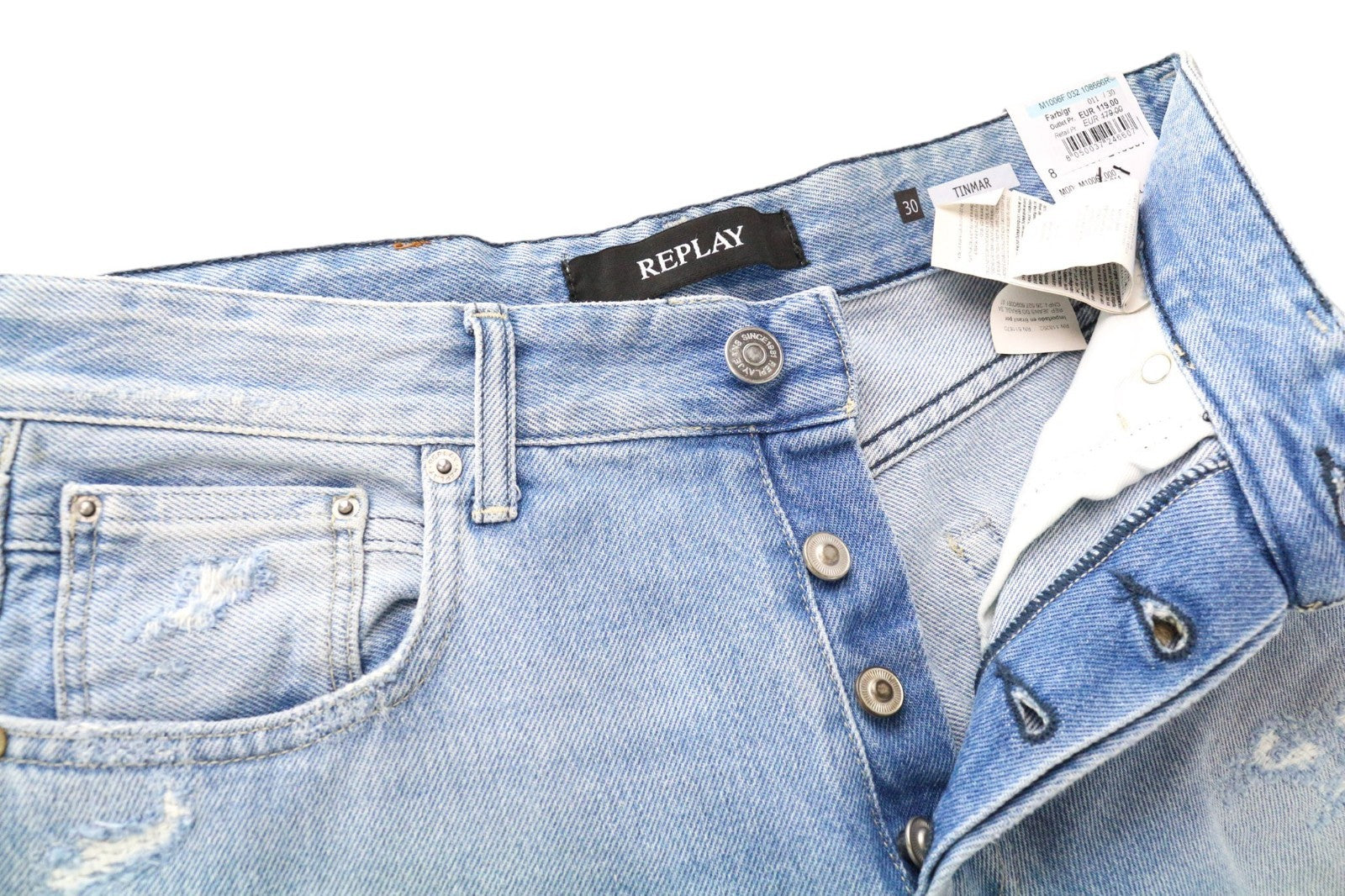 REPLAY Tinmar Men Jeans W30/L32 Tapered Fit Blue Pure Cotton Distressed Washed