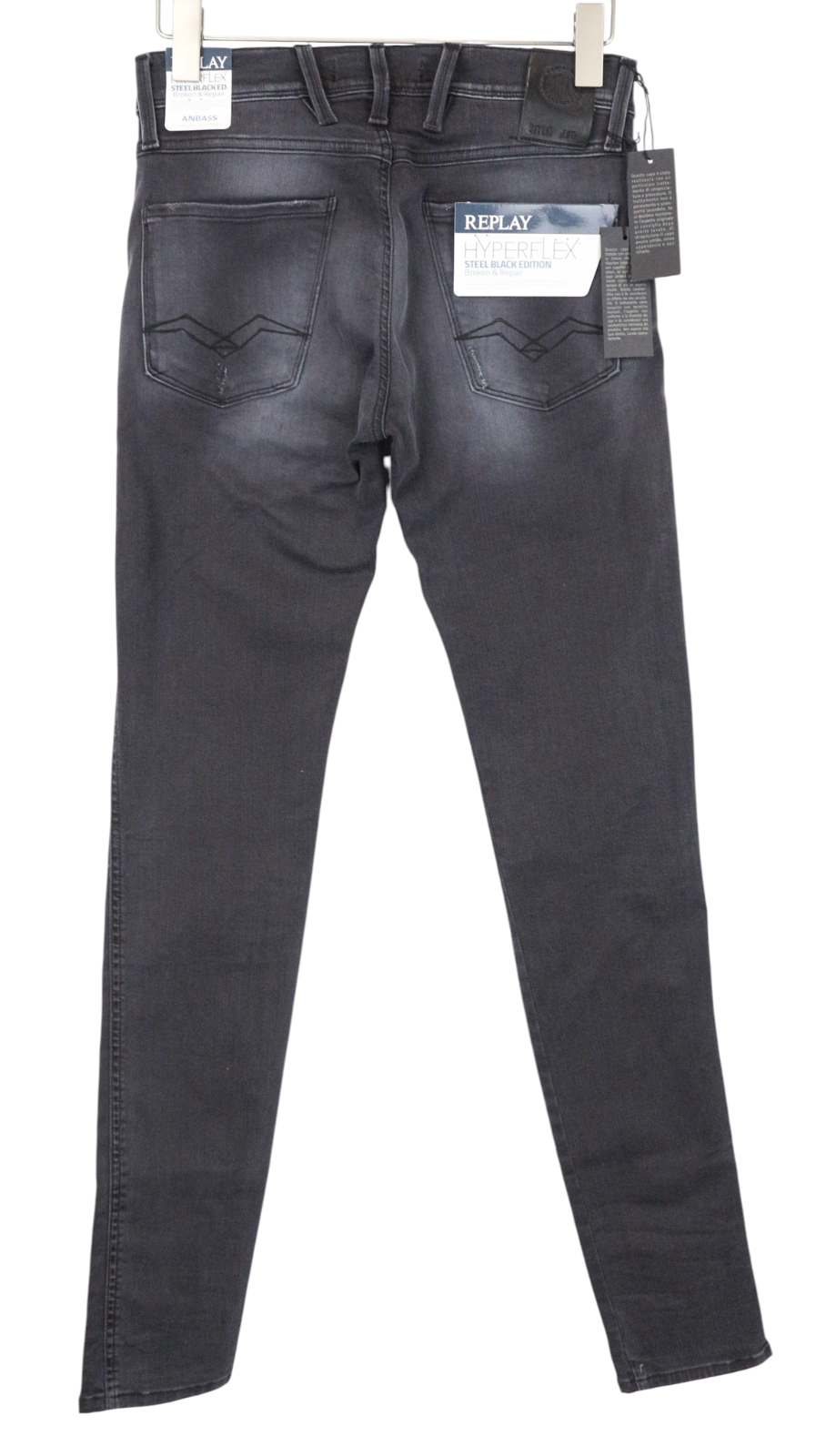 REPLAY Anbass Men Jeans W28/L34 Slim Grey Cotton Blend Stretch Ripped Washed