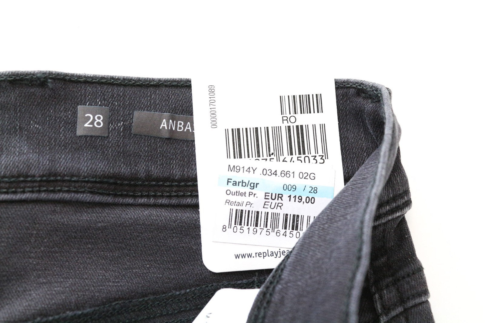 REPLAY Anbass Men Jeans W28/L34 Slim Grey Cotton Blend Stretch Ripped Washed