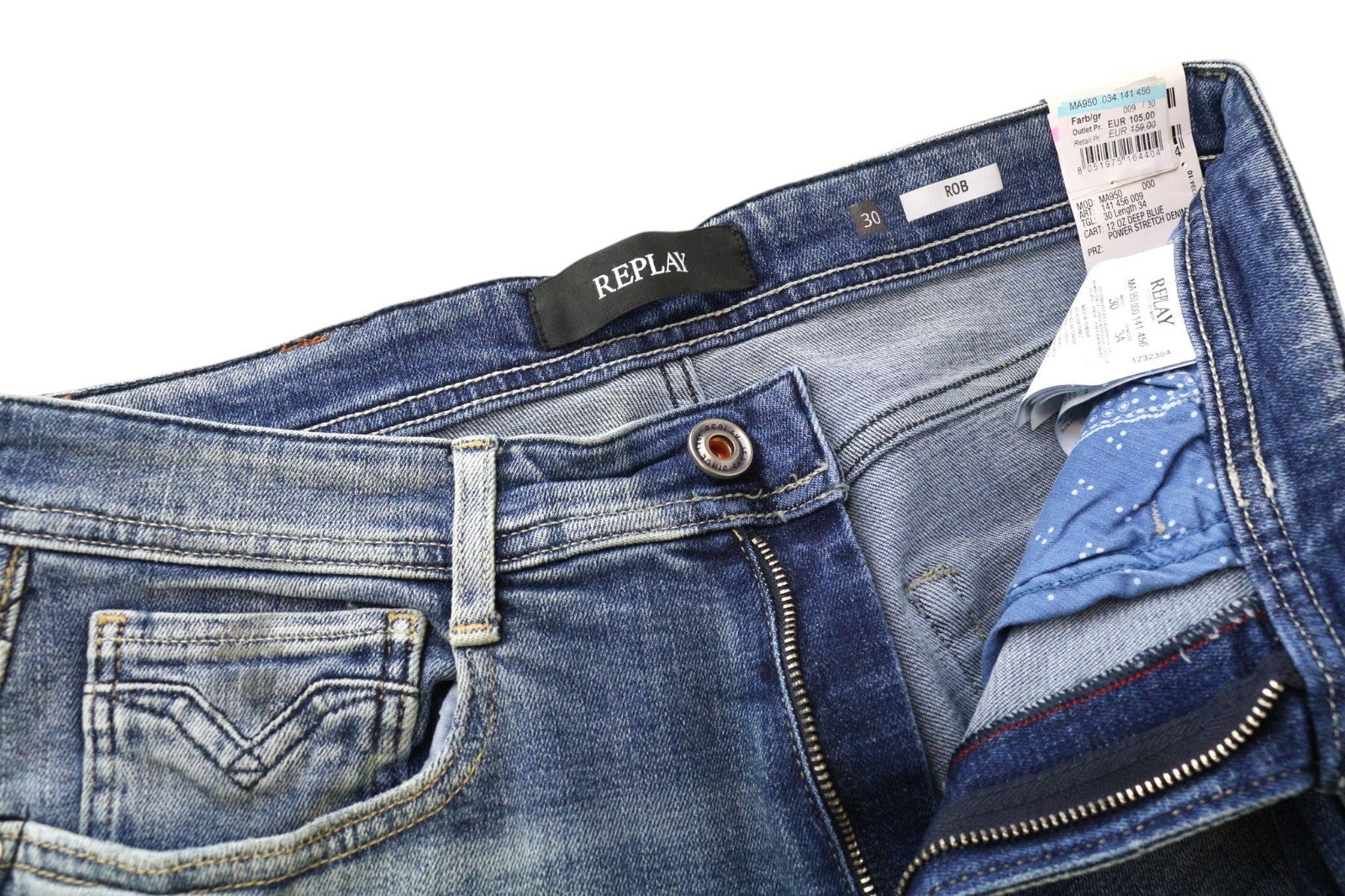REPLAY Rob Men Jeans W30/L34 Straight Tapered Fit Washed Blue Cotton Stretch