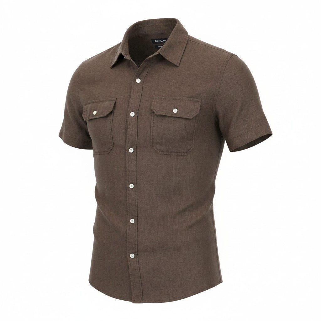 REPLAY Men Shirt L Brown Pure Linen Short Sleeve Button-Up Casual